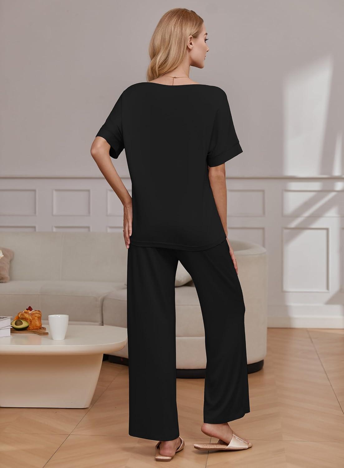 imageEkouaer Pajama Sets for Women 2 Piece Lounge Set Short Sleeve Tops and Long Pants Soft Comfy Pjs Sleepwear Outfits SXXLBlack