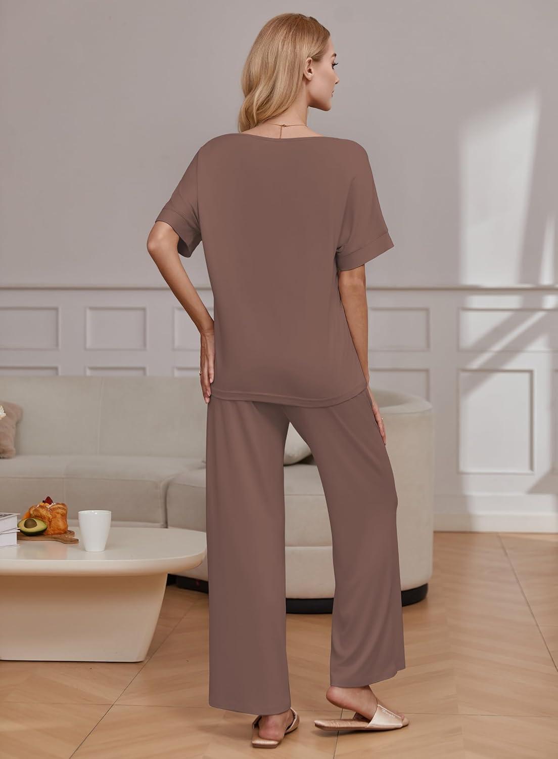 imageEkouaer Pajama Sets for Women 2 Piece Lounge Set Short Sleeve Tops and Long Pants Soft Comfy Pjs Sleepwear Outfits SXXLBrown