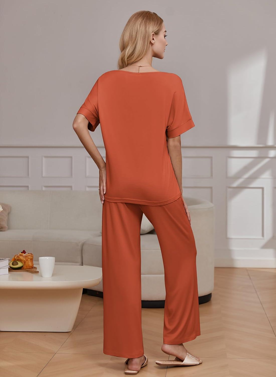 imageEkouaer Pajama Sets for Women 2 Piece Lounge Set Short Sleeve Tops and Long Pants Soft Comfy Pjs Sleepwear Outfits SXXLCaramel
