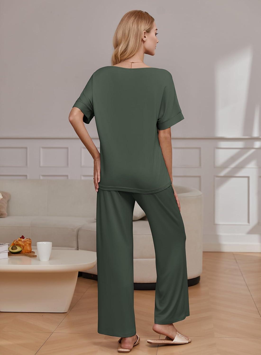 imageEkouaer Pajama Sets for Women 2 Piece Lounge Set Short Sleeve Tops and Long Pants Soft Comfy Pjs Sleepwear Outfits SXXLDeep Army Green