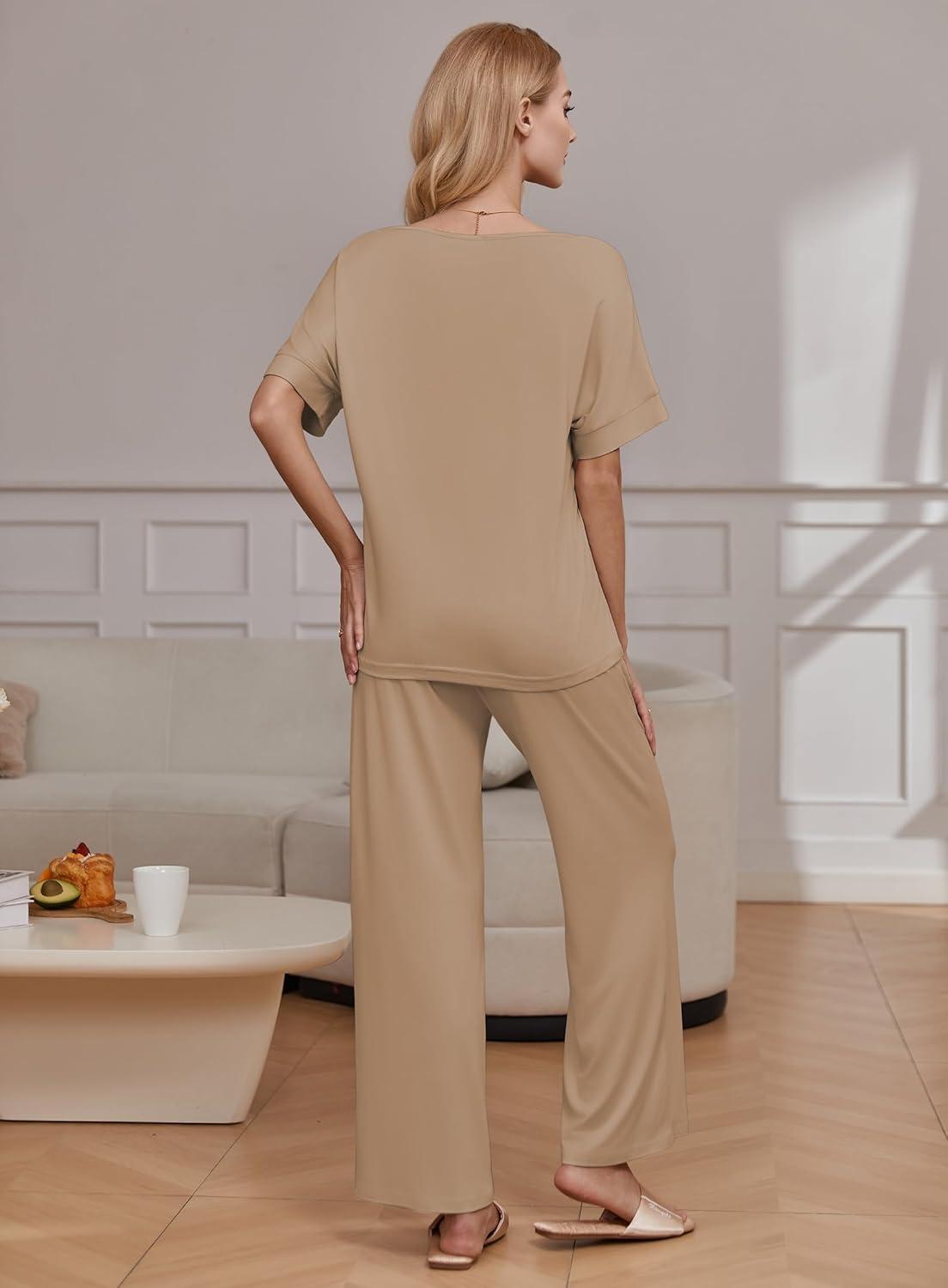 imageEkouaer Pajama Sets for Women 2 Piece Lounge Set Short Sleeve Tops and Long Pants Soft Comfy Pjs Sleepwear Outfits SXXLKhaki