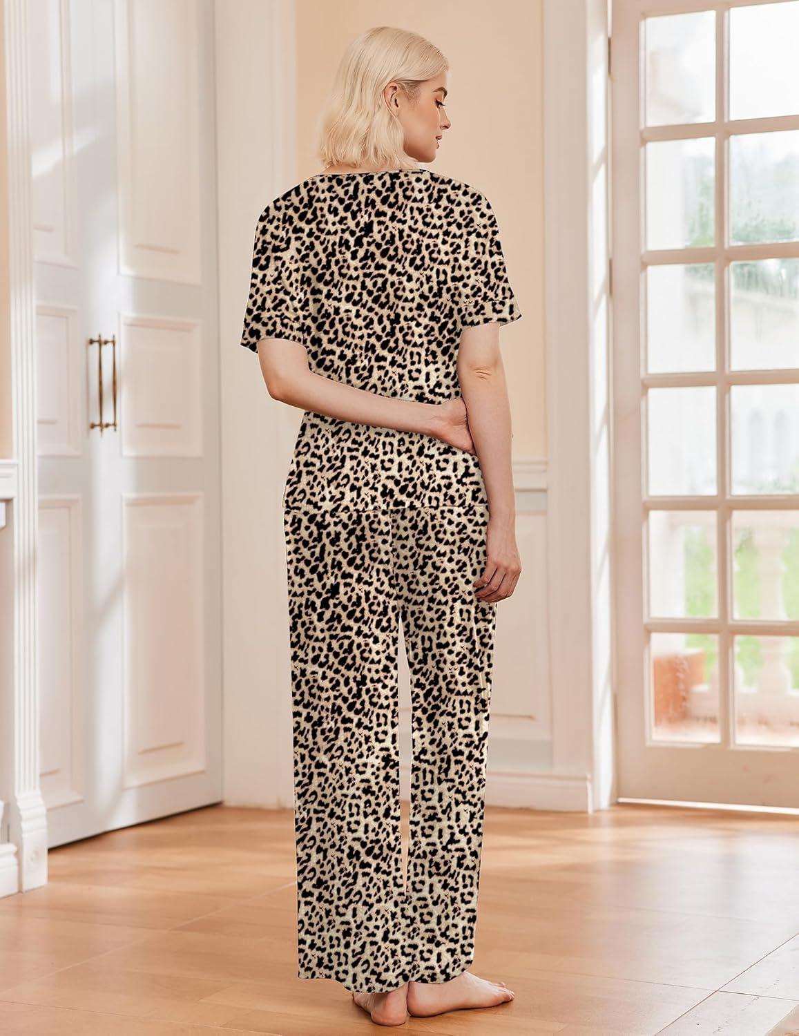 imageEkouaer Pajama Sets for Women 2 Piece Lounge Set Short Sleeve Tops and Long Pants Soft Comfy Pjs Sleepwear Outfits SXXLLeopard
