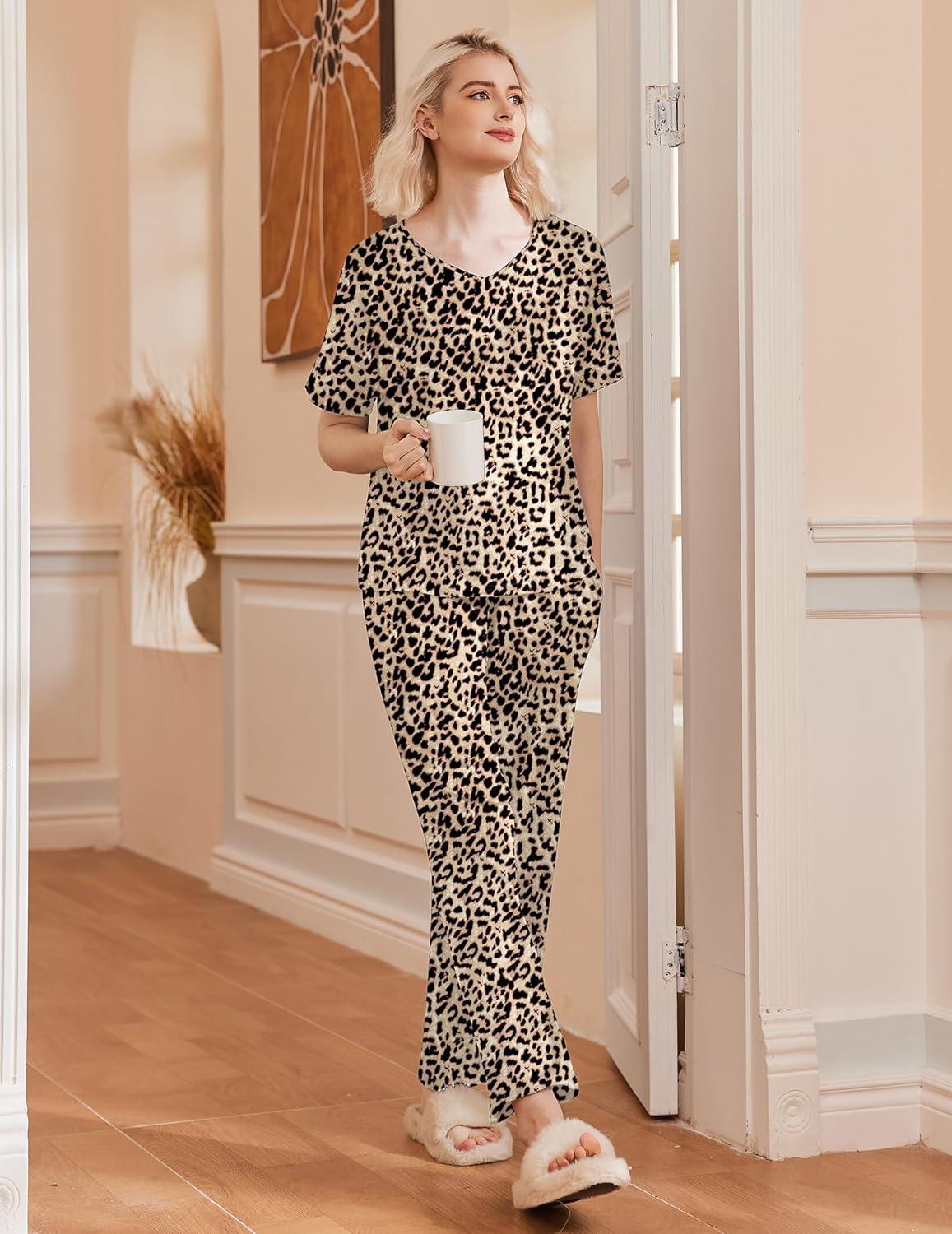 imageEkouaer Pajama Sets for Women 2 Piece Lounge Set Short Sleeve Tops and Long Pants Soft Comfy Pjs Sleepwear Outfits SXXLLeopard