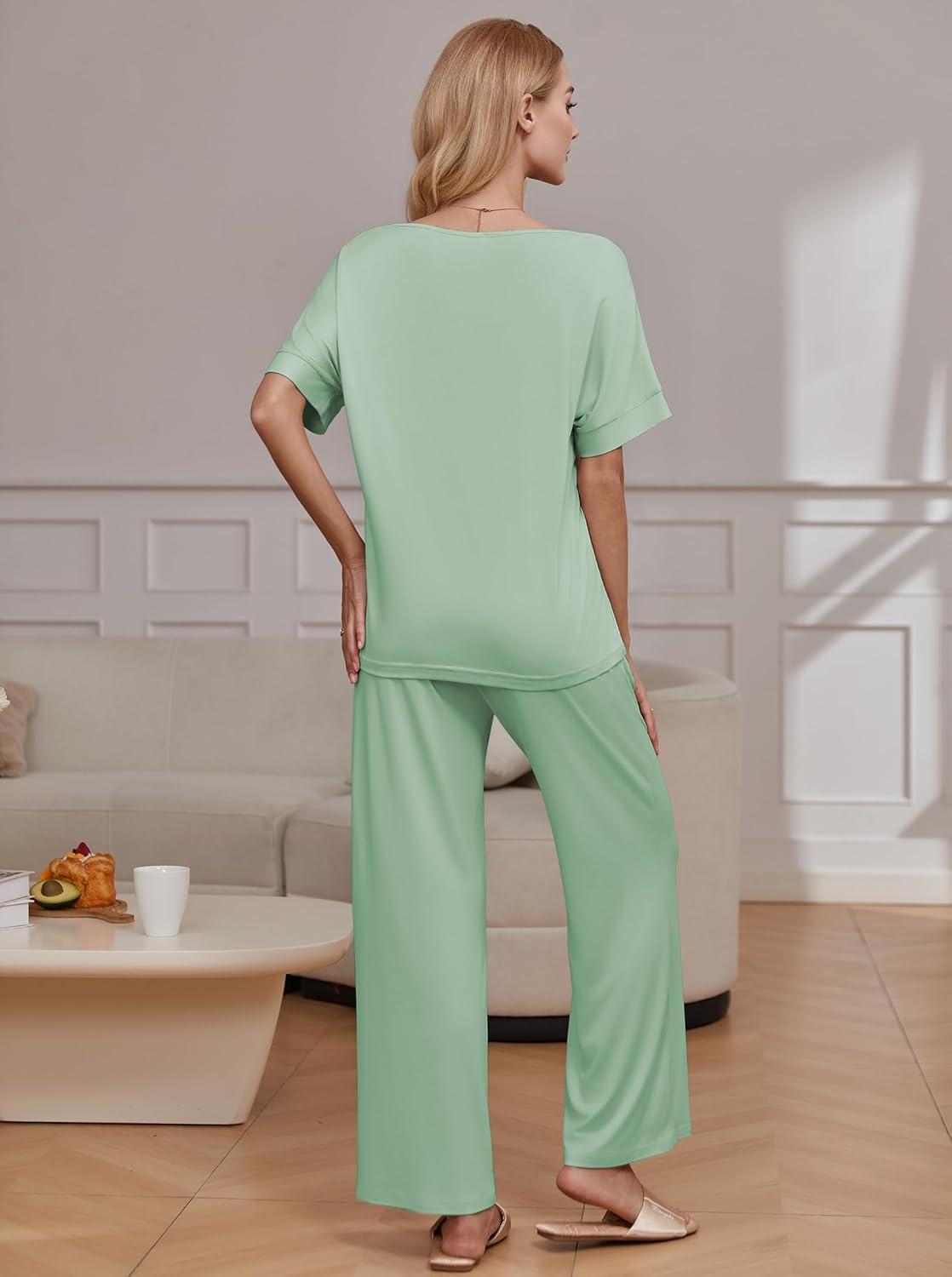 imageEkouaer Pajama Sets for Women 2 Piece Lounge Set Short Sleeve Tops and Long Pants Soft Comfy Pjs Sleepwear Outfits SXXLLight Green