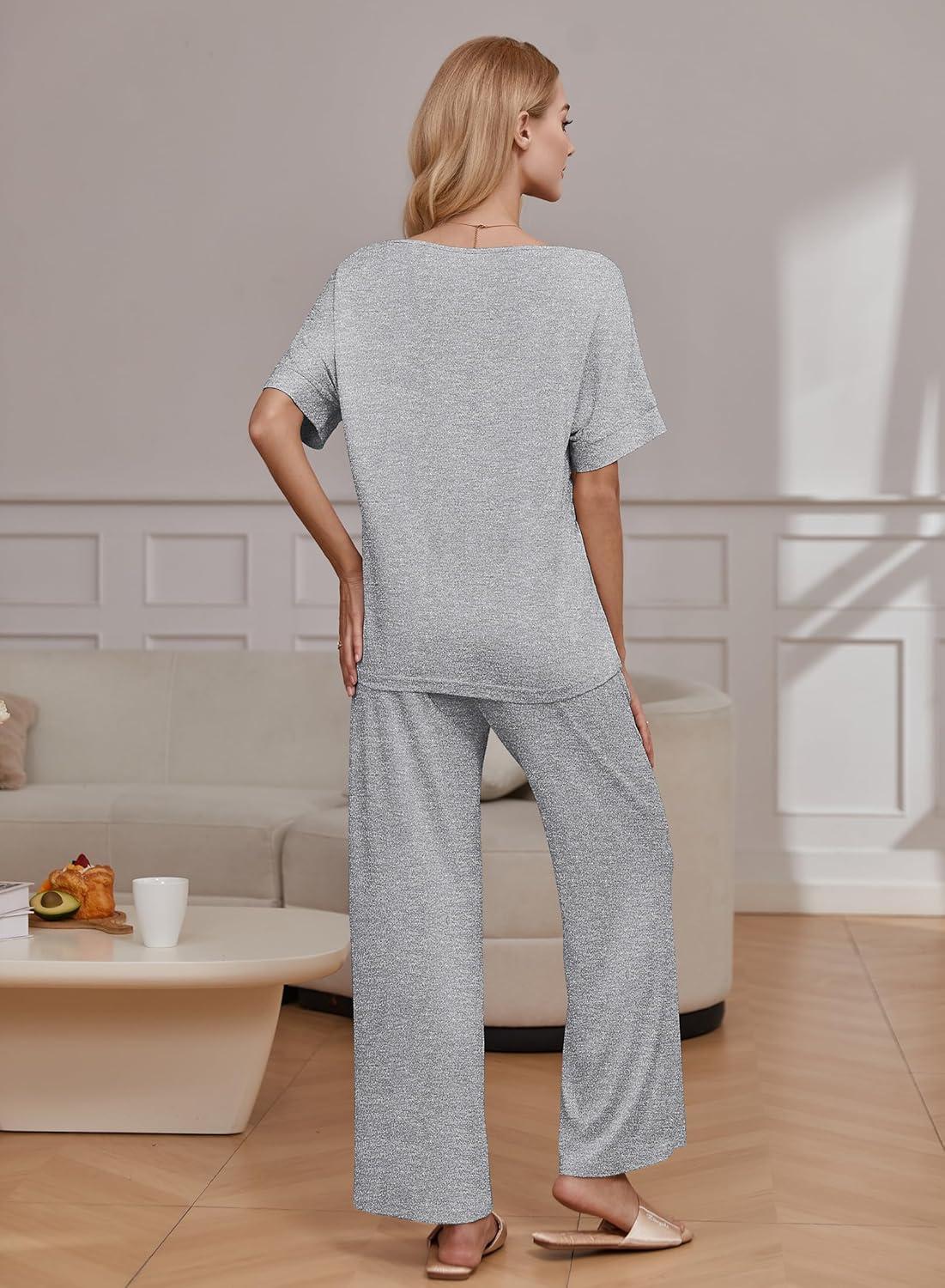 imageEkouaer Pajama Sets for Women 2 Piece Lounge Set Short Sleeve Tops and Long Pants Soft Comfy Pjs Sleepwear Outfits SXXLLight Grey