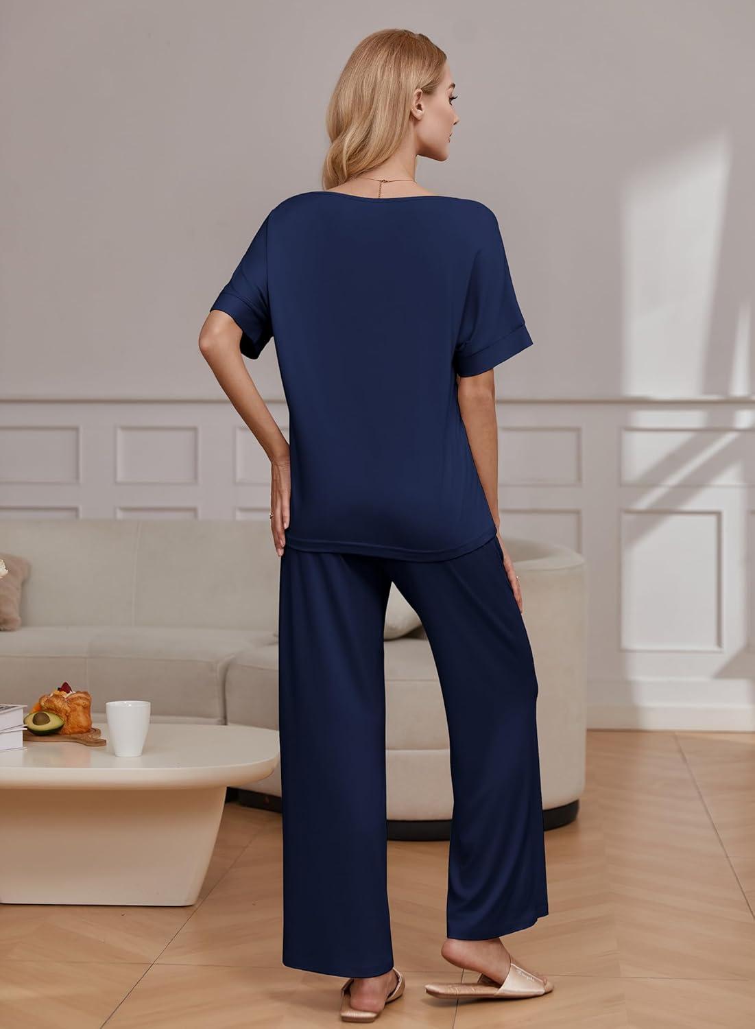 imageEkouaer Pajama Sets for Women 2 Piece Lounge Set Short Sleeve Tops and Long Pants Soft Comfy Pjs Sleepwear Outfits SXXLNavy