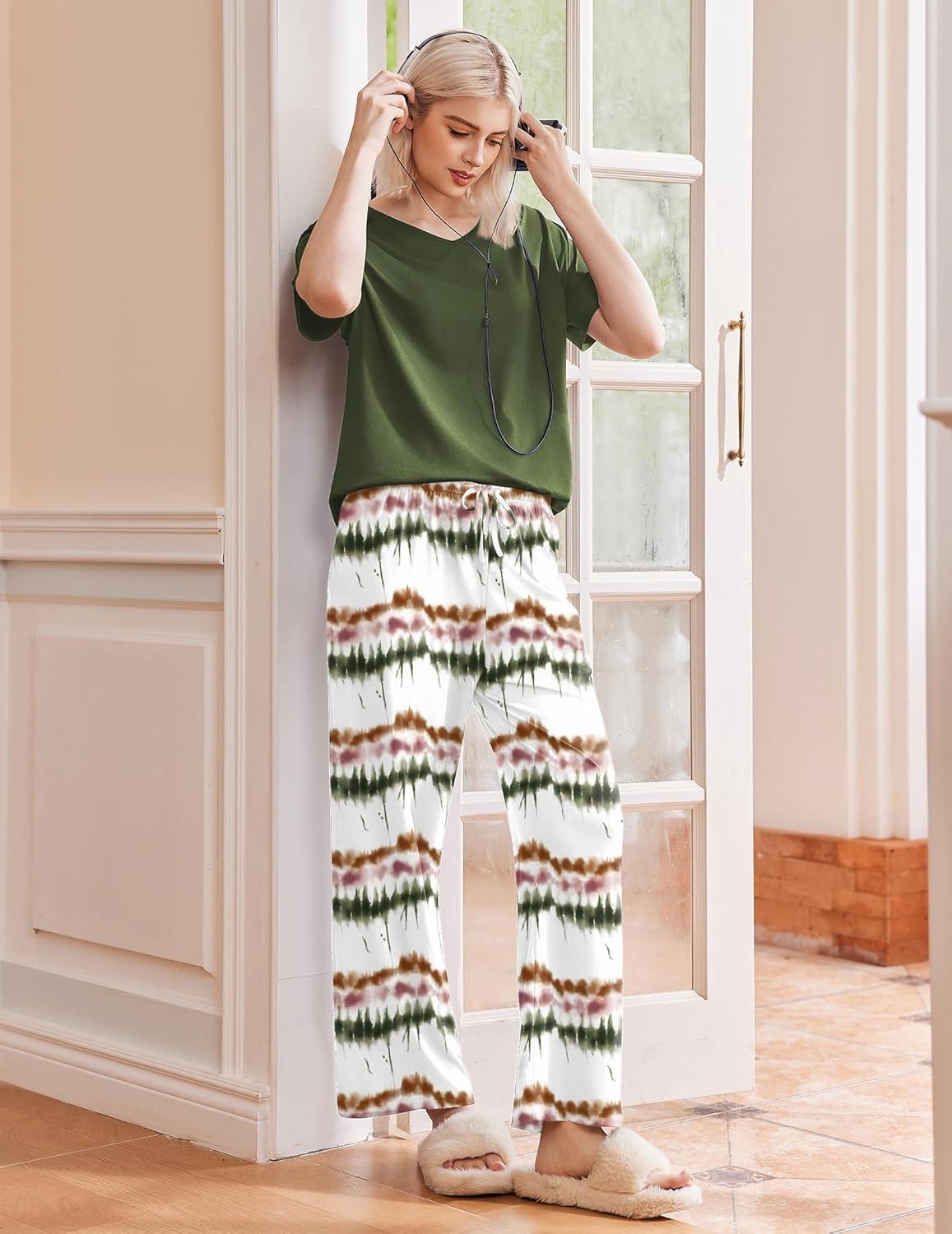 imageEkouaer Pajama Sets for Women 2 Piece Lounge Set Short Sleeve Tops and Long Pants Soft Comfy Pjs Sleepwear Outfits SXXLOmbre Green