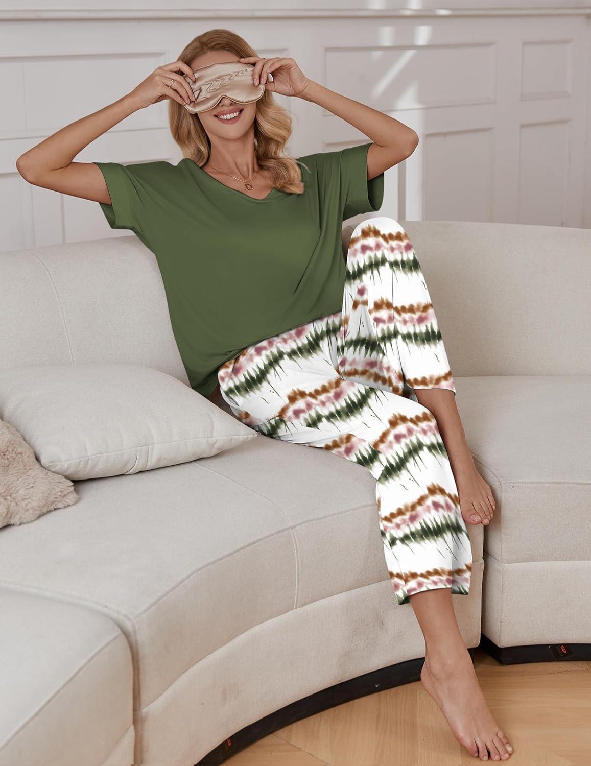 imageEkouaer Pajama Sets for Women 2 Piece Lounge Set Short Sleeve Tops and Long Pants Soft Comfy Pjs Sleepwear Outfits SXXLOmbre Green