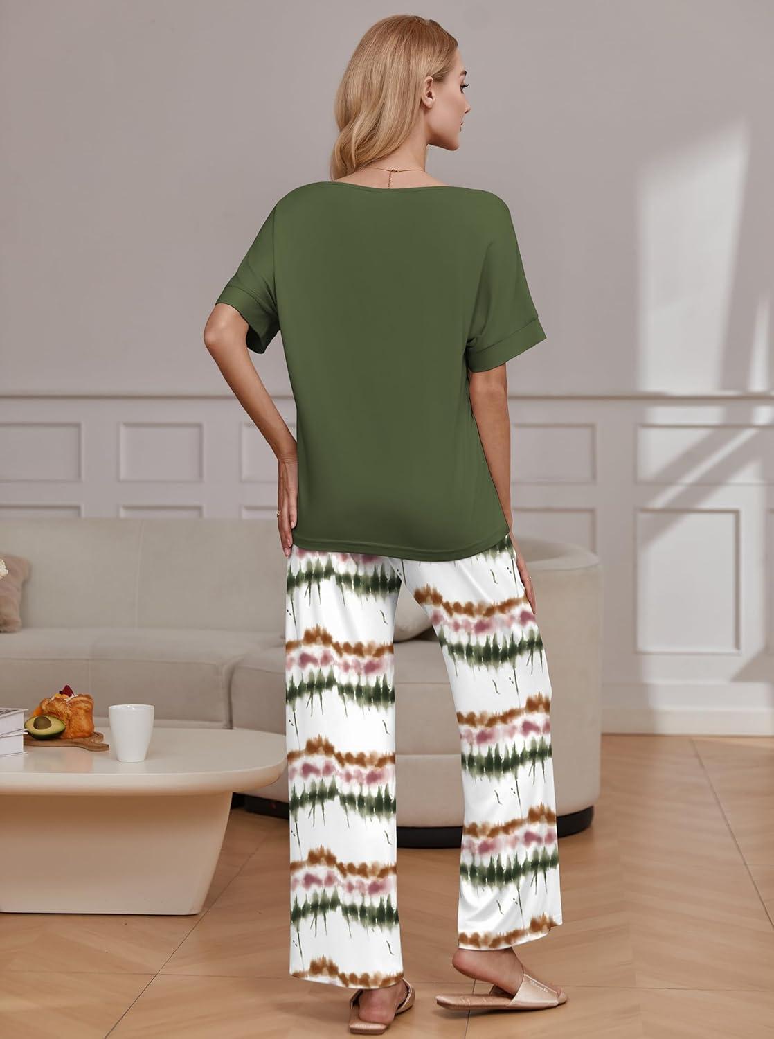 imageEkouaer Pajama Sets for Women 2 Piece Lounge Set Short Sleeve Tops and Long Pants Soft Comfy Pjs Sleepwear Outfits SXXLOmbre Green