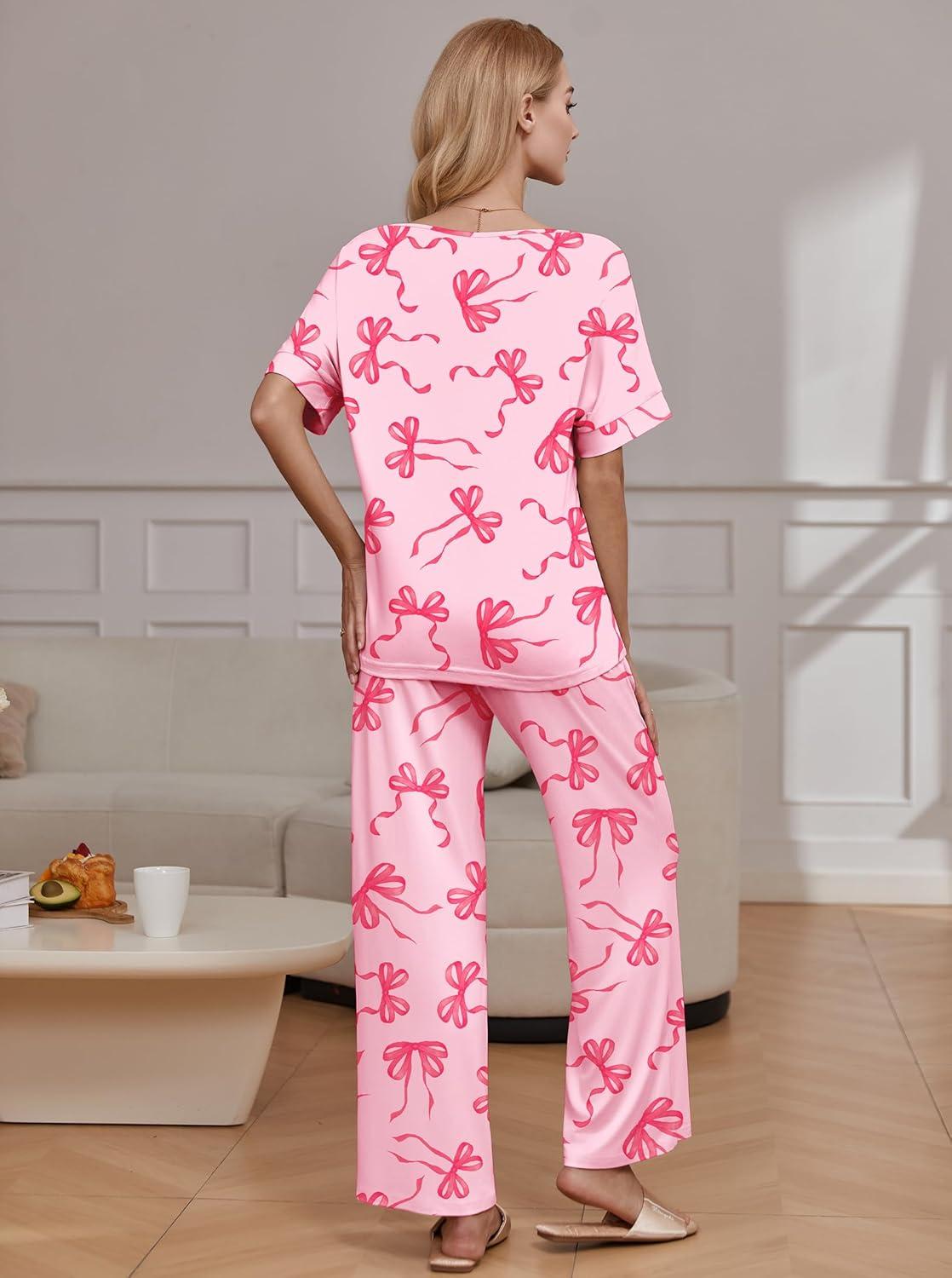 imageEkouaer Pajama Sets for Women 2 Piece Lounge Set Short Sleeve Tops and Long Pants Soft Comfy Pjs Sleepwear Outfits SXXLPink Bow Knot