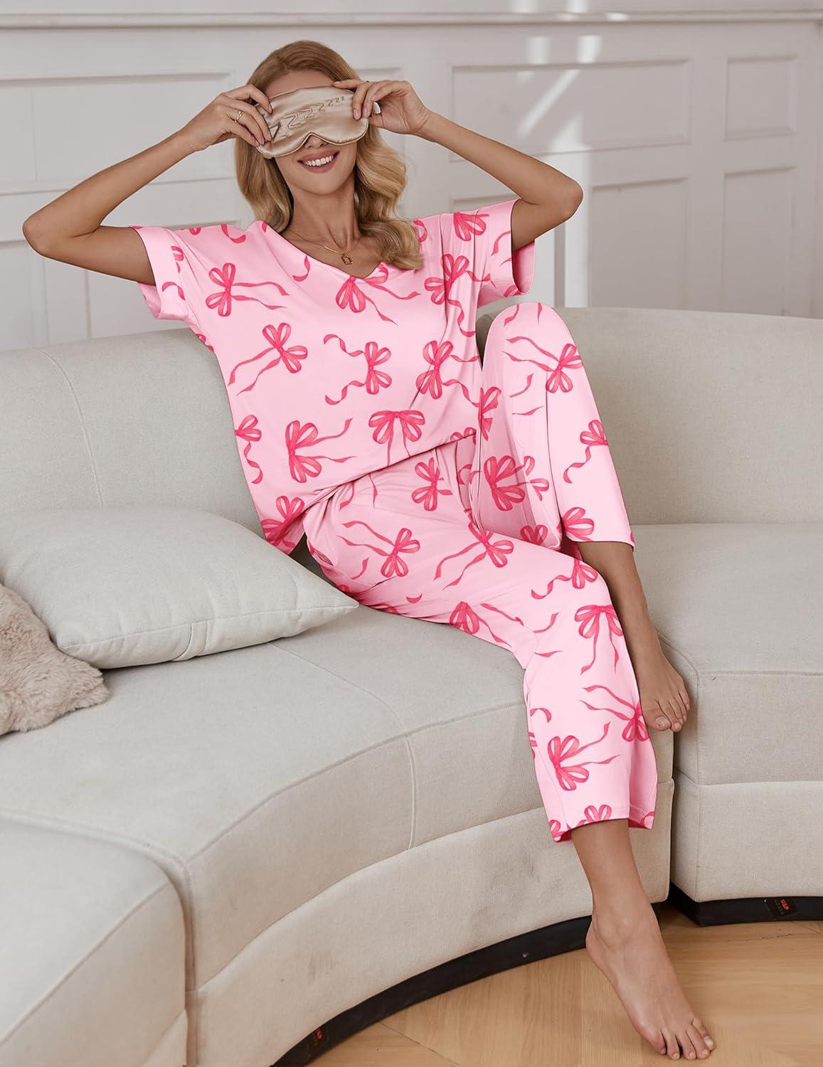 imageEkouaer Pajama Sets for Women 2 Piece Lounge Set Short Sleeve Tops and Long Pants Soft Comfy Pjs Sleepwear Outfits SXXLPink Bow Knot