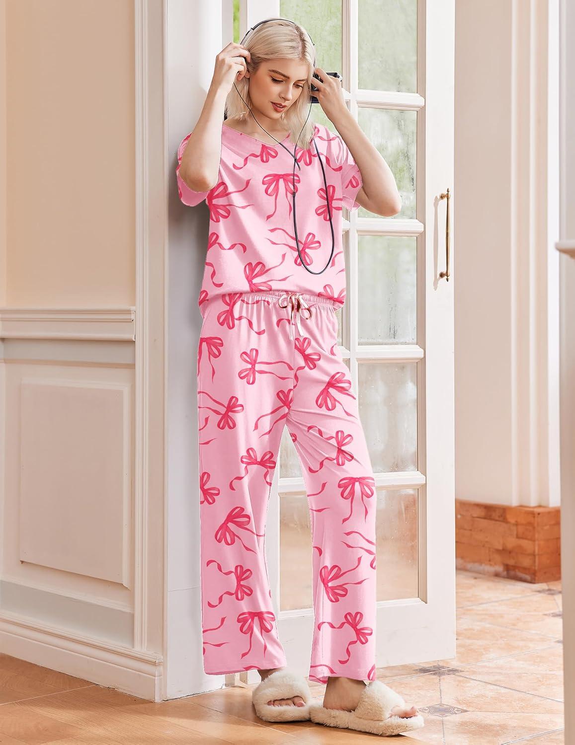 imageEkouaer Pajama Sets for Women 2 Piece Lounge Set Short Sleeve Tops and Long Pants Soft Comfy Pjs Sleepwear Outfits SXXLPink Bow Knot