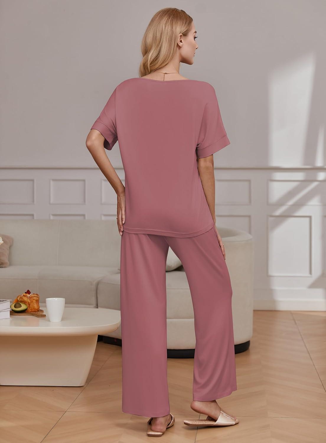 imageEkouaer Pajama Sets for Women 2 Piece Lounge Set Short Sleeve Tops and Long Pants Soft Comfy Pjs Sleepwear Outfits SXXLPurple Red