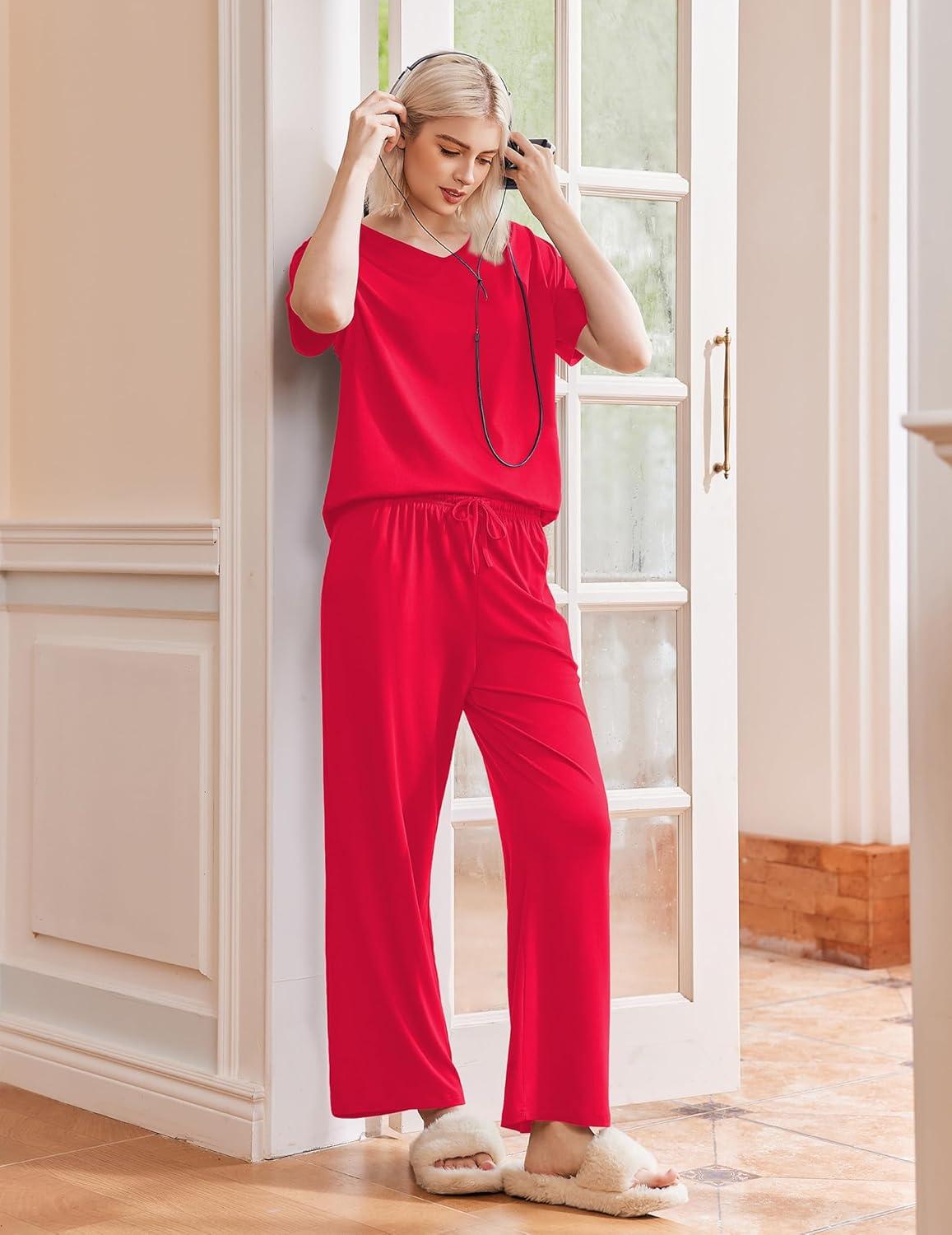 imageEkouaer Pajama Sets for Women 2 Piece Lounge Set Short Sleeve Tops and Long Pants Soft Comfy Pjs Sleepwear Outfits SXXLRed