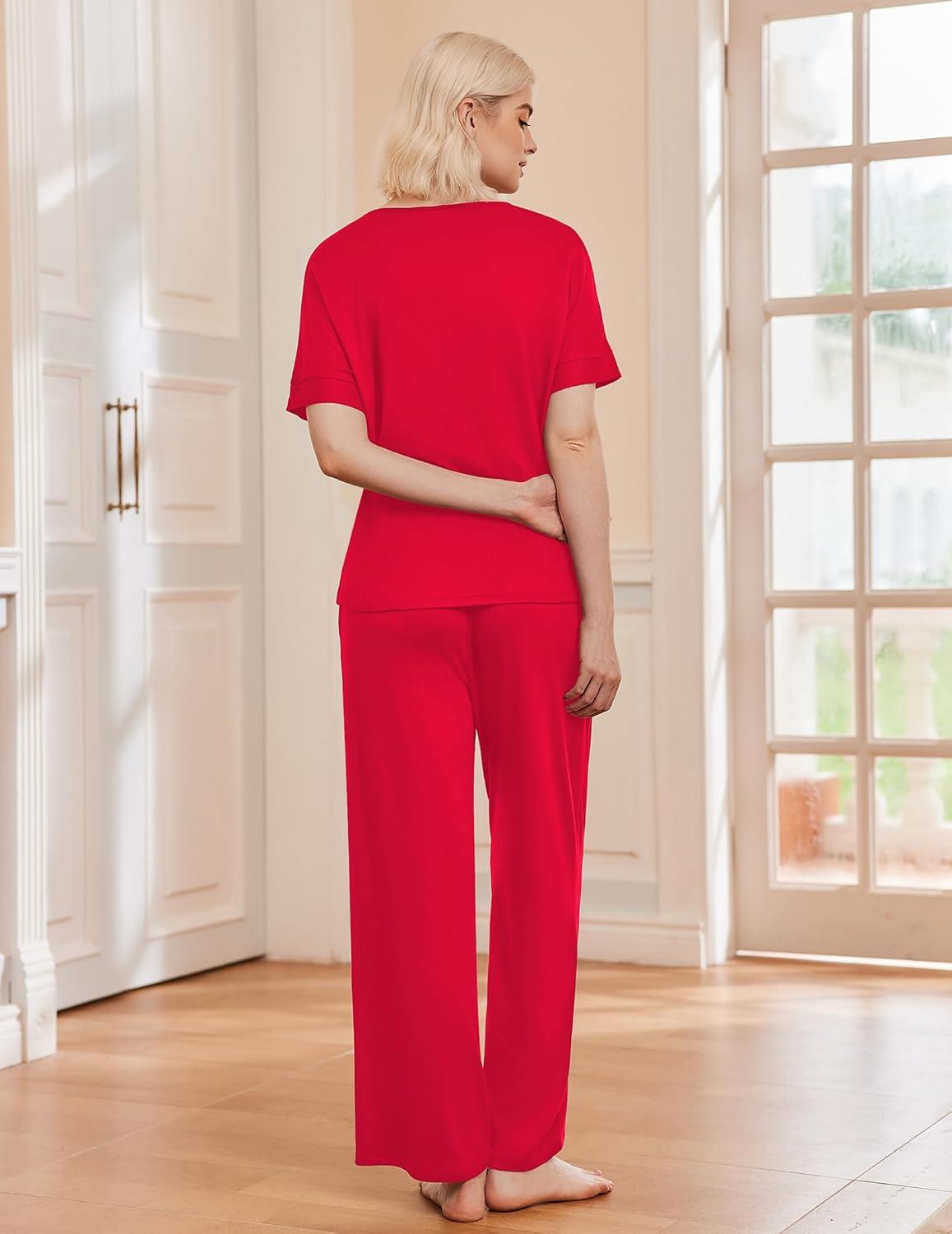 imageEkouaer Pajama Sets for Women 2 Piece Lounge Set Short Sleeve Tops and Long Pants Soft Comfy Pjs Sleepwear Outfits SXXLRed