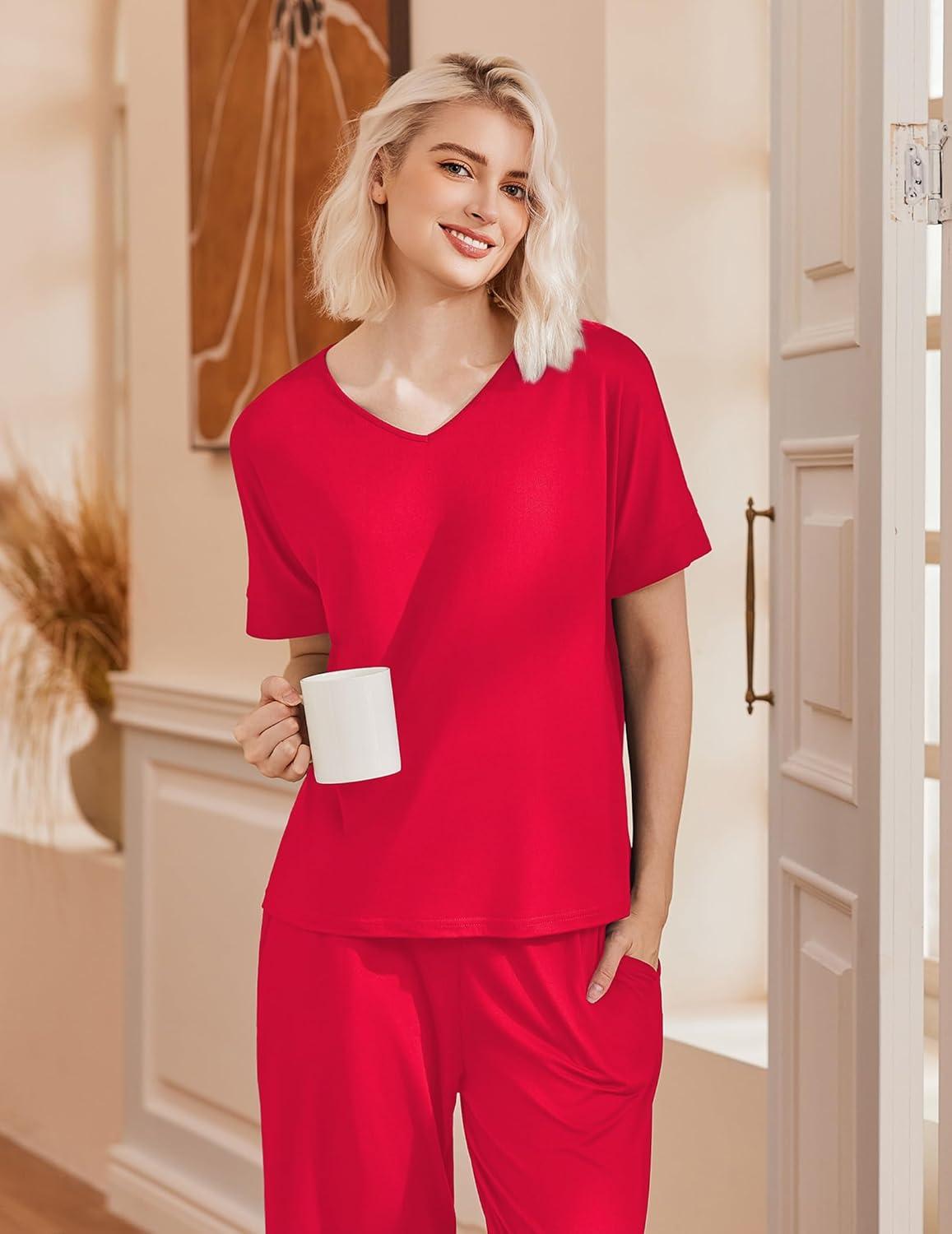 imageEkouaer Pajama Sets for Women 2 Piece Lounge Set Short Sleeve Tops and Long Pants Soft Comfy Pjs Sleepwear Outfits SXXLRed