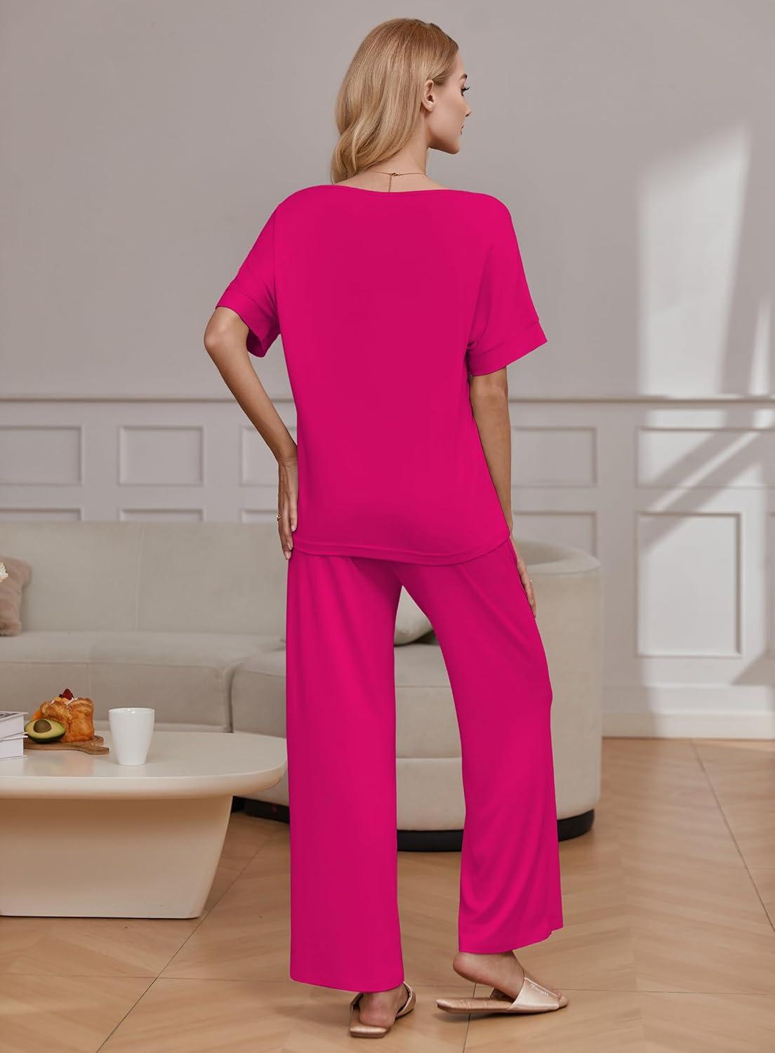 imageEkouaer Pajama Sets for Women 2 Piece Lounge Set Short Sleeve Tops and Long Pants Soft Comfy Pjs Sleepwear Outfits SXXLRose