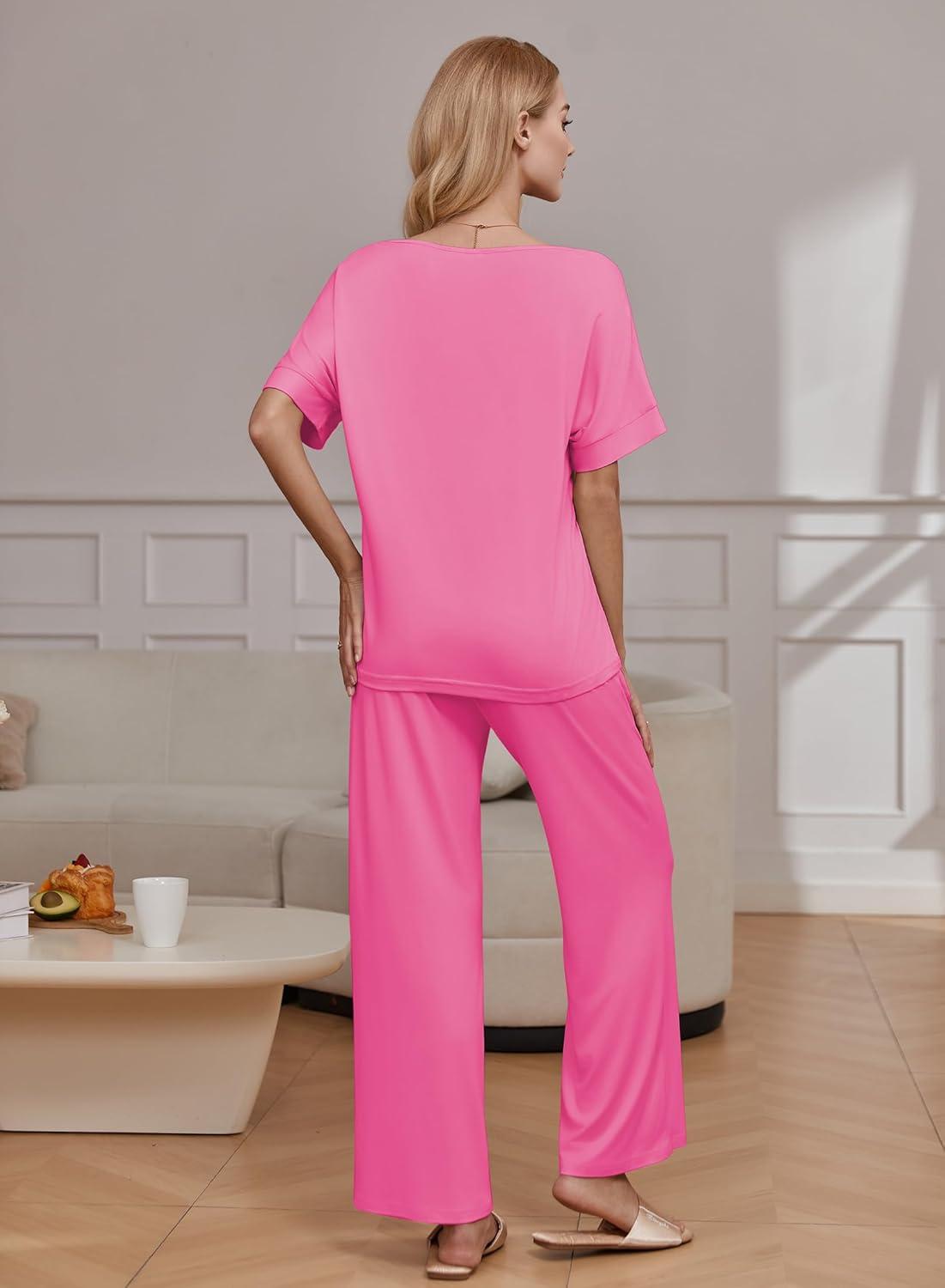 imageEkouaer Pajama Sets for Women 2 Piece Lounge Set Short Sleeve Tops and Long Pants Soft Comfy Pjs Sleepwear Outfits SXXLRose Pink