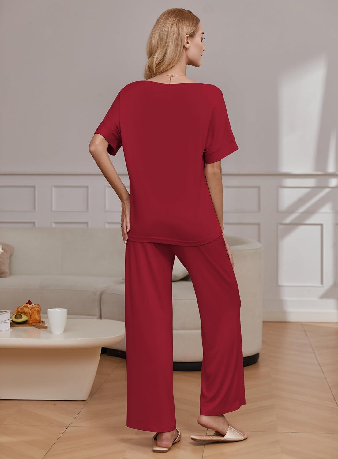 imageEkouaer Pajama Sets for Women 2 Piece Lounge Set Short Sleeve Tops and Long Pants Soft Comfy Pjs Sleepwear Outfits SXXLWine