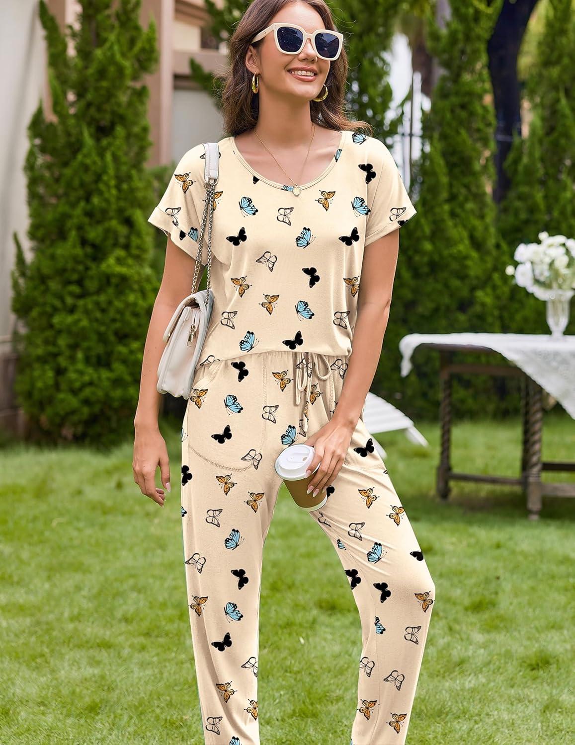 imageEkouaer Pajama Sets for Women 2 Piece Lounge Sets Short Sleeve Pullover Top and Jogger Pants Pjs Sleepwear Tracksuit SXXLApricot Butterfly