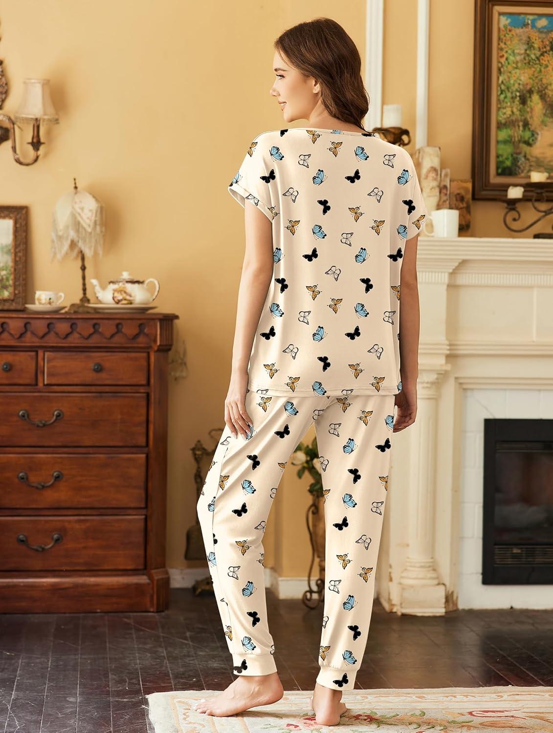 imageEkouaer Pajama Sets for Women 2 Piece Lounge Sets Short Sleeve Pullover Top and Jogger Pants Pjs Sleepwear Tracksuit SXXLApricot Butterfly