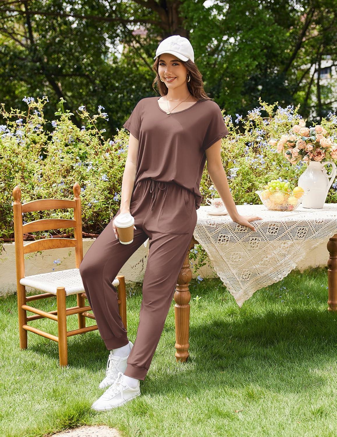 imageEkouaer Pajama Sets for Women 2 Piece Lounge Sets Short Sleeve Pullover Top and Jogger Pants Pjs Sleepwear Tracksuit SXXLBrown