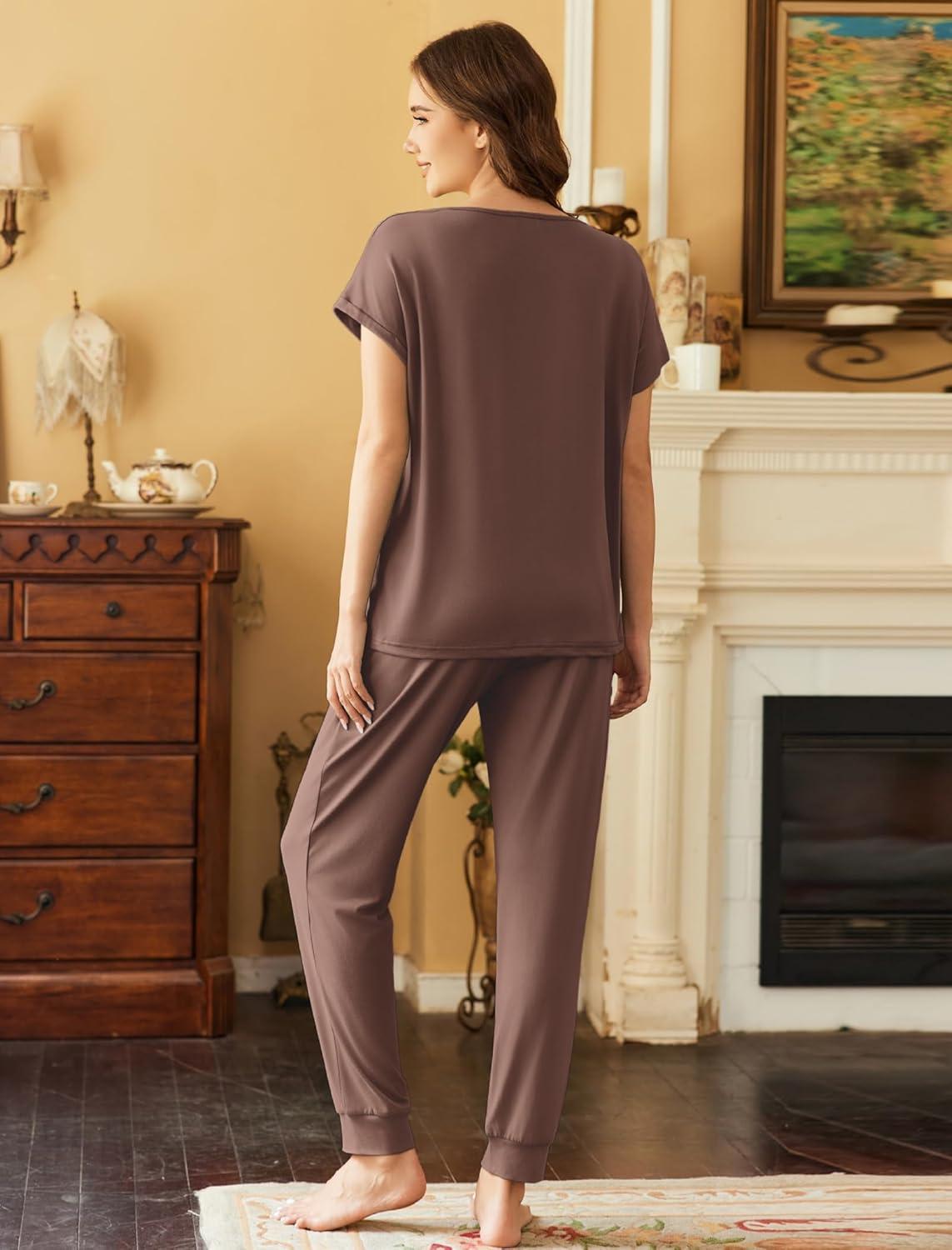 imageEkouaer Pajama Sets for Women 2 Piece Lounge Sets Short Sleeve Pullover Top and Jogger Pants Pjs Sleepwear Tracksuit SXXLBrown