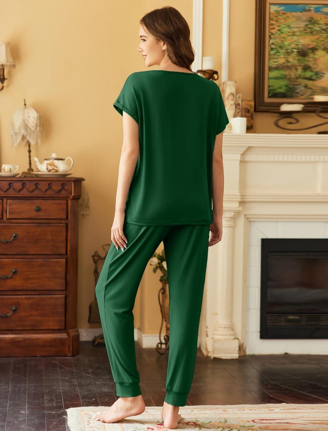 imageEkouaer Pajama Sets for Women 2 Piece Lounge Sets Short Sleeve Pullover Top and Jogger Pants Pjs Sleepwear Tracksuit SXXLDark Green