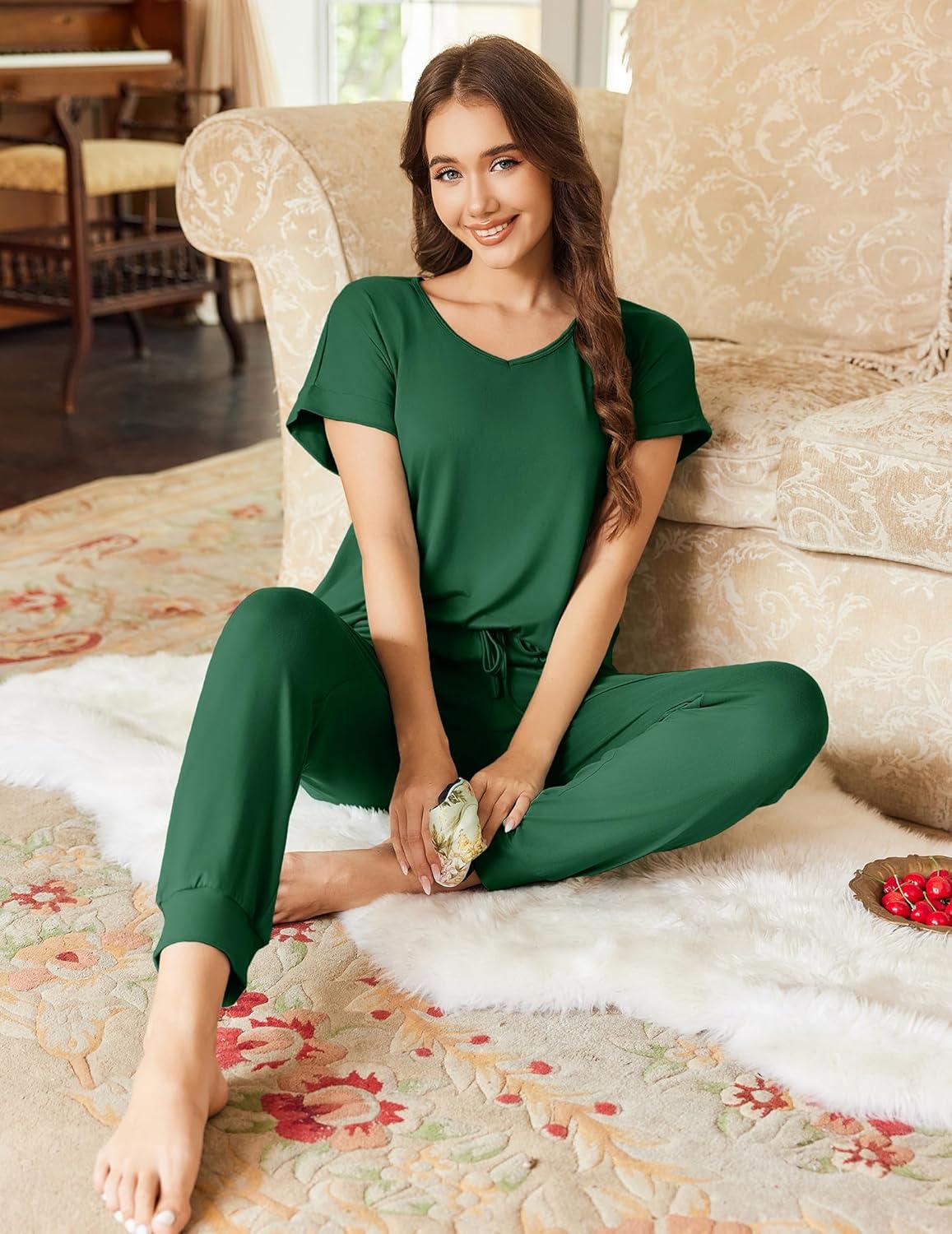 imageEkouaer Pajama Sets for Women 2 Piece Lounge Sets Short Sleeve Pullover Top and Jogger Pants Pjs Sleepwear Tracksuit SXXLDark Green