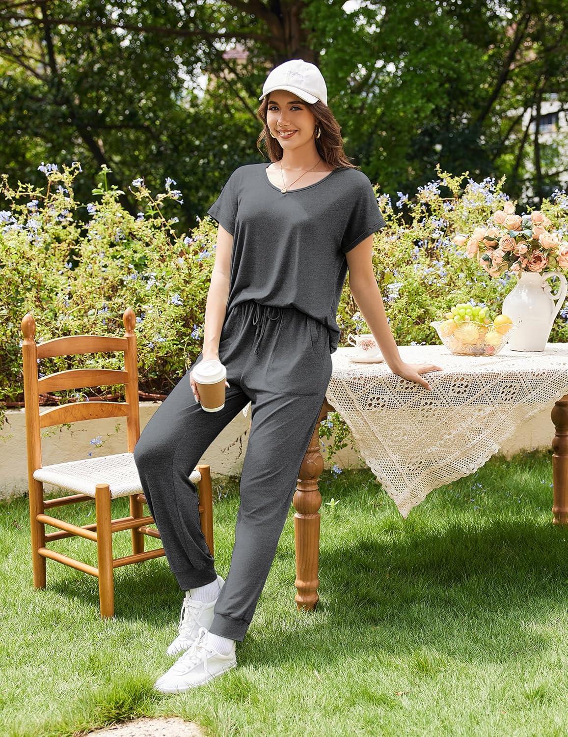 imageEkouaer Pajama Sets for Women 2 Piece Lounge Sets Short Sleeve Pullover Top and Jogger Pants Pjs Sleepwear Tracksuit SXXLDark Grey