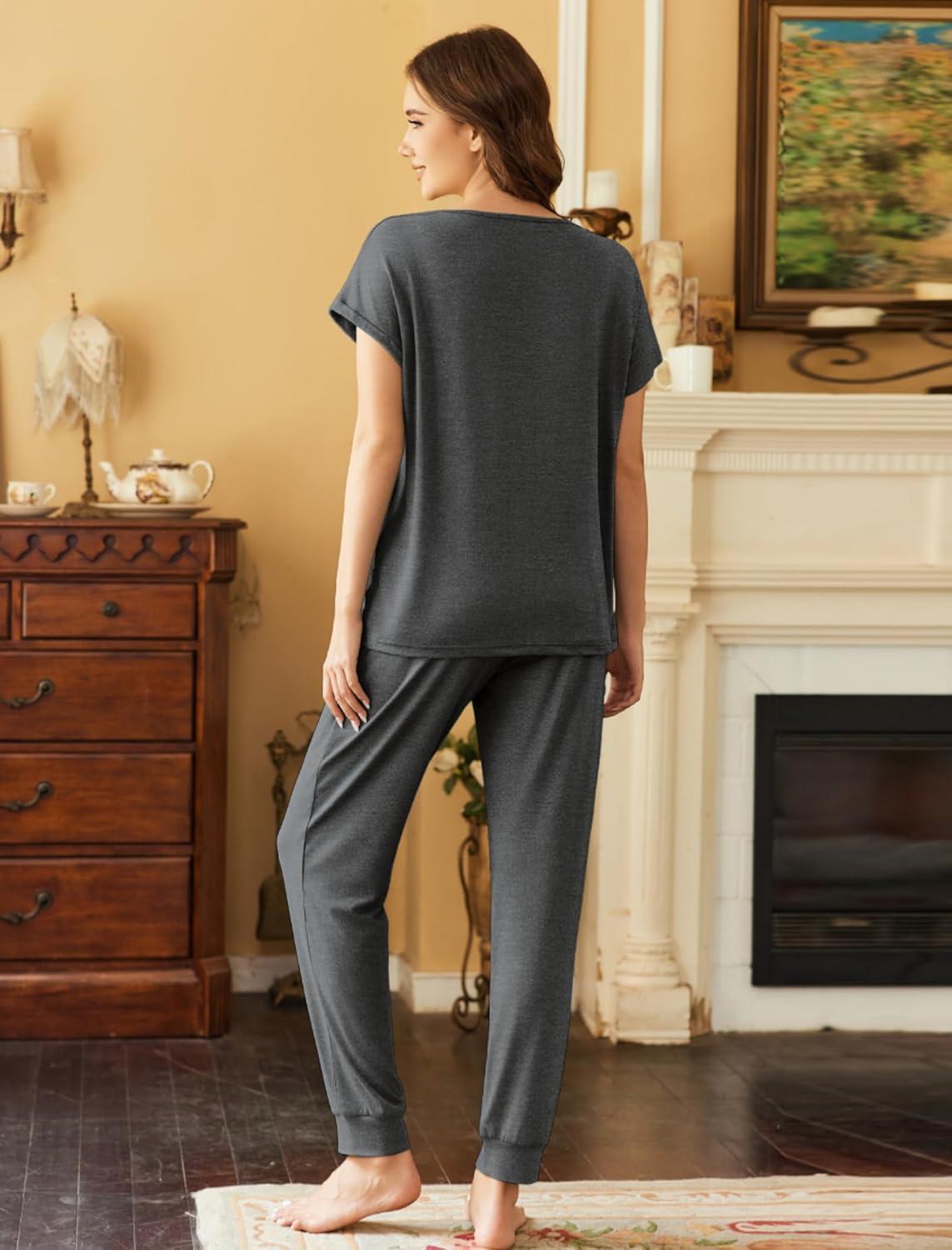 imageEkouaer Pajama Sets for Women 2 Piece Lounge Sets Short Sleeve Pullover Top and Jogger Pants Pjs Sleepwear Tracksuit SXXLDark Grey