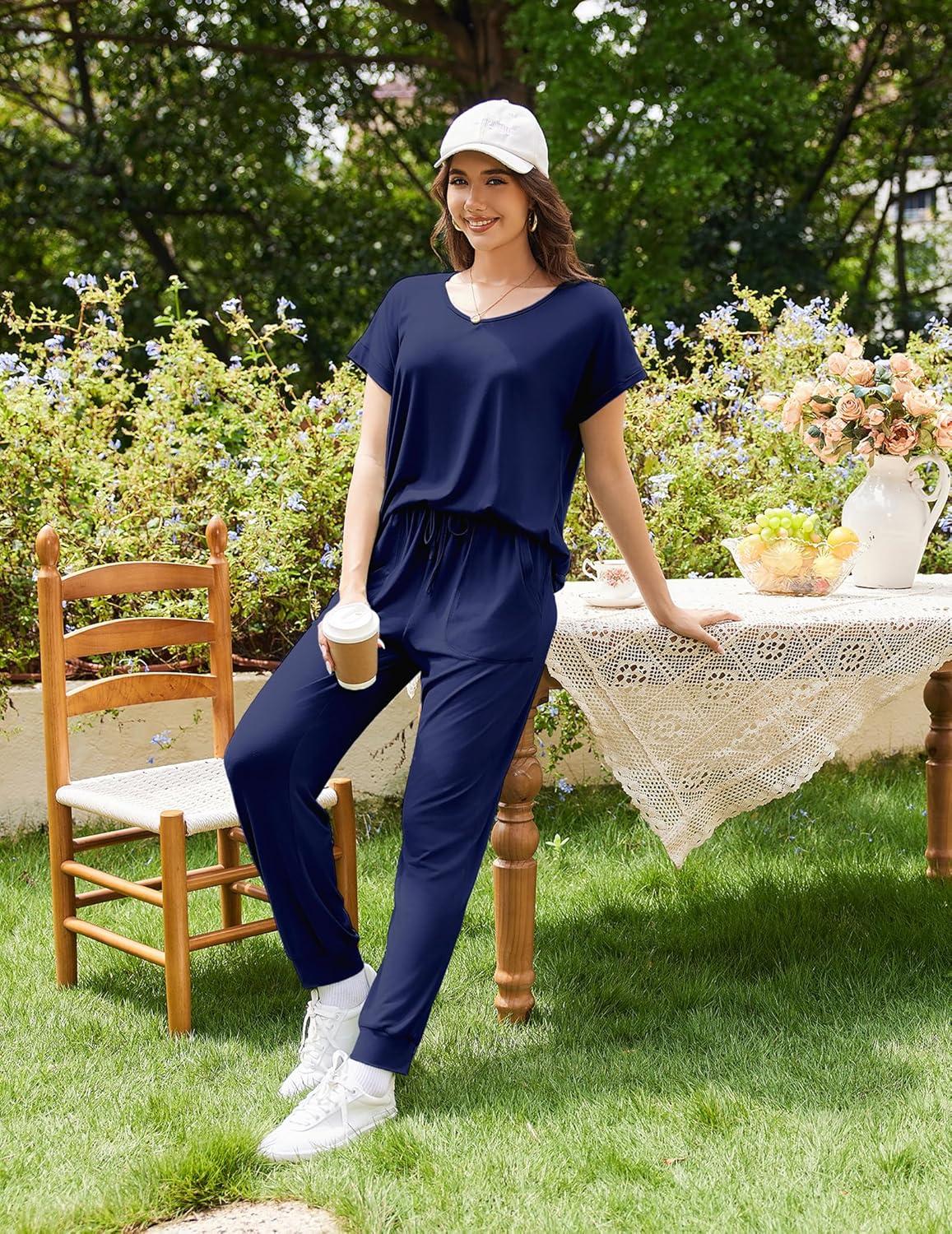 imageEkouaer Pajama Sets for Women 2 Piece Lounge Sets Short Sleeve Pullover Top and Jogger Pants Pjs Sleepwear Tracksuit SXXLNavy