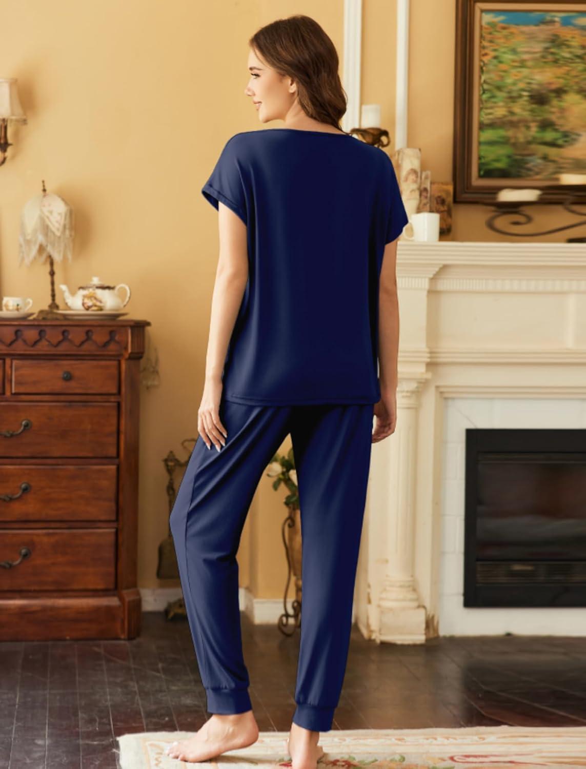 imageEkouaer Pajama Sets for Women 2 Piece Lounge Sets Short Sleeve Pullover Top and Jogger Pants Pjs Sleepwear Tracksuit SXXLNavy