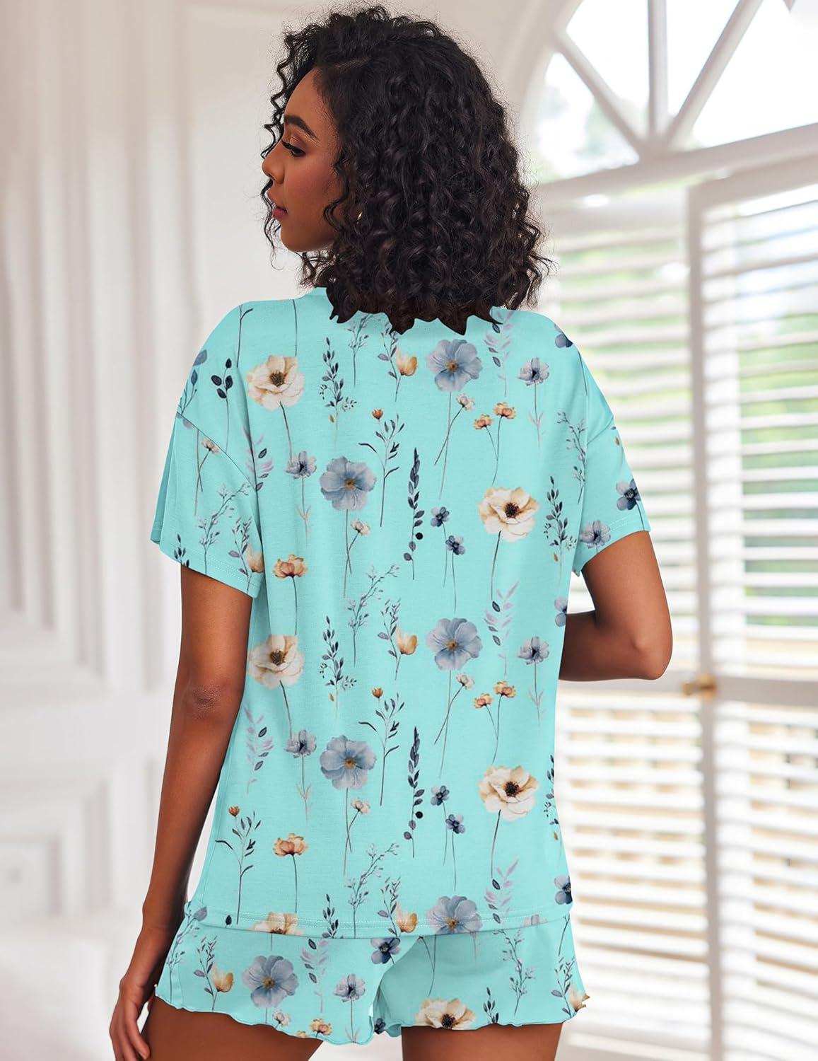 imageEkouaer Pajamas Set for Women Short Sleeve Lounge Set 2 Piece Loungewear PJs Soft Cute Lightweight SleepwearBlue Flower