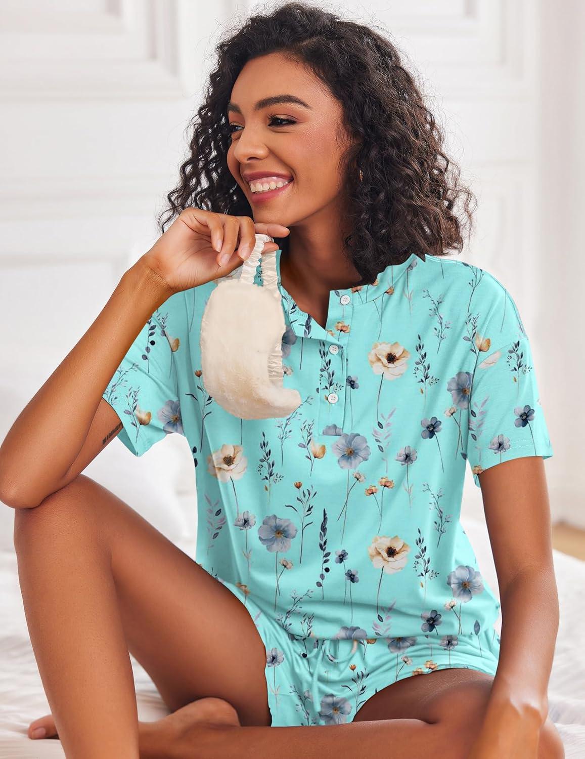 imageEkouaer Pajamas Set for Women Short Sleeve Lounge Set 2 Piece Loungewear PJs Soft Cute Lightweight SleepwearBlue Flower