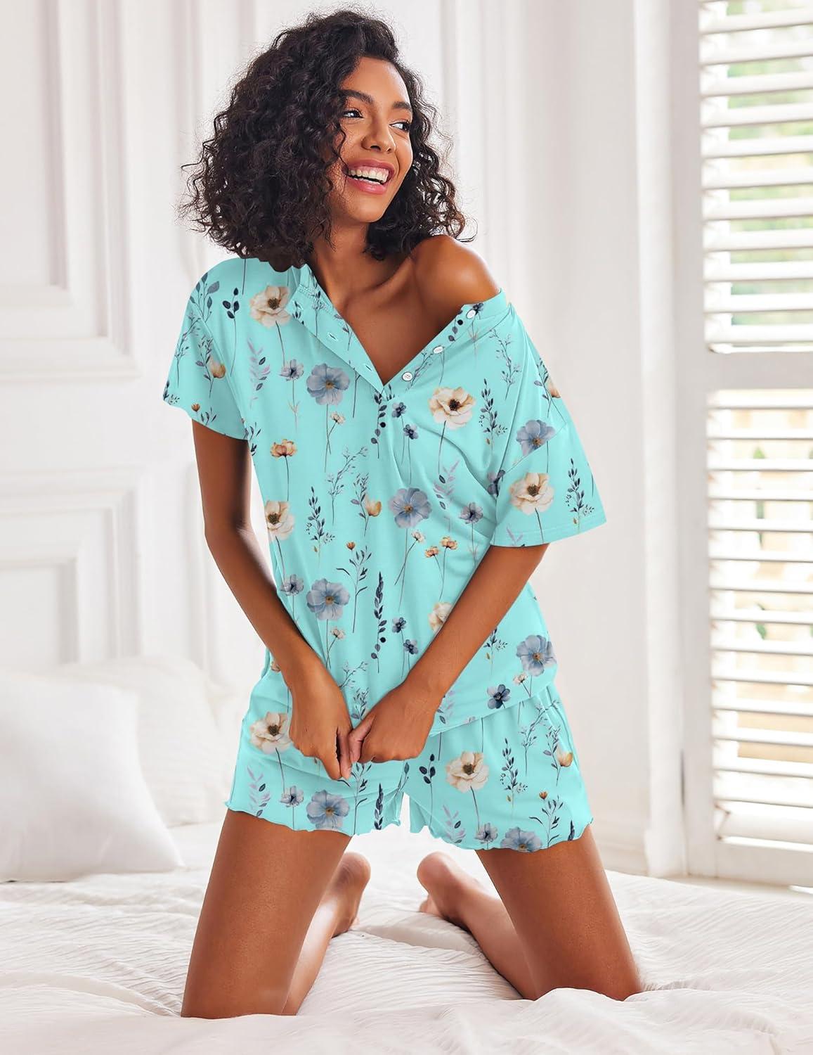 imageEkouaer Pajamas Set for Women Short Sleeve Lounge Set 2 Piece Loungewear PJs Soft Cute Lightweight SleepwearBlue Flower