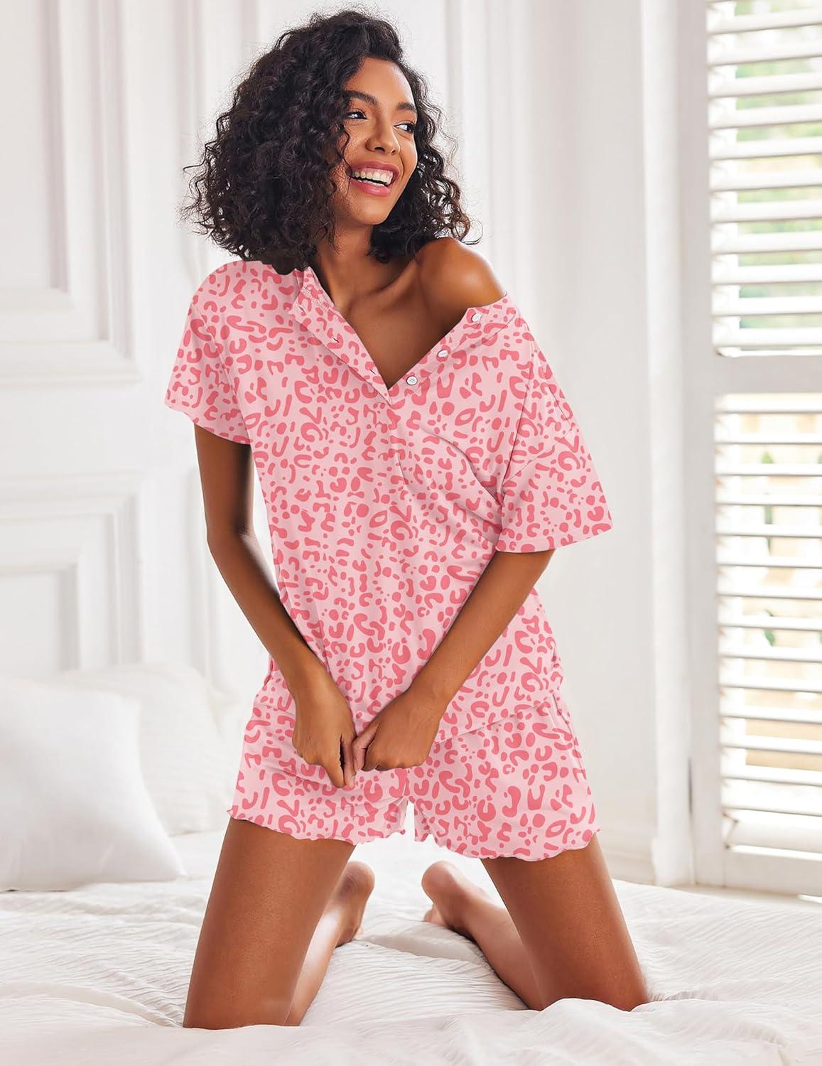 imageEkouaer Pajamas Set for Women Short Sleeve Lounge Set 2 Piece Loungewear PJs Soft Cute Lightweight SleepwearPink Heart Leopard