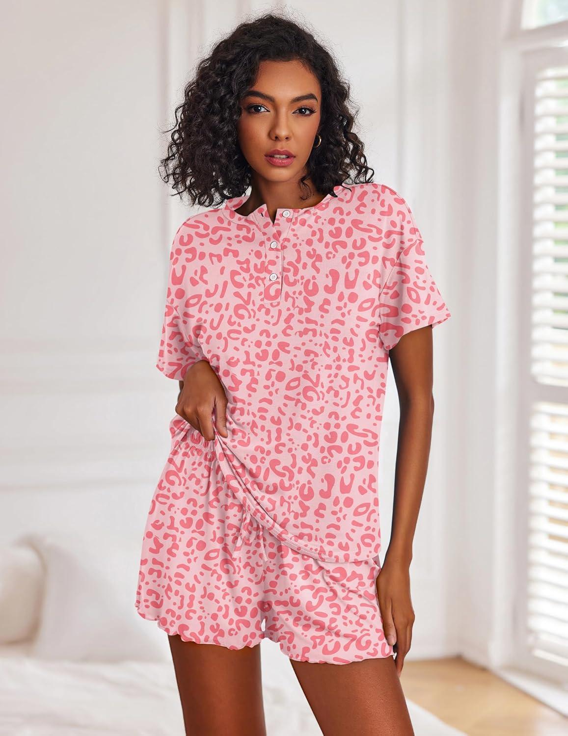 imageEkouaer Pajamas Set for Women Short Sleeve Lounge Set 2 Piece Loungewear PJs Soft Cute Lightweight SleepwearPink Heart Leopard