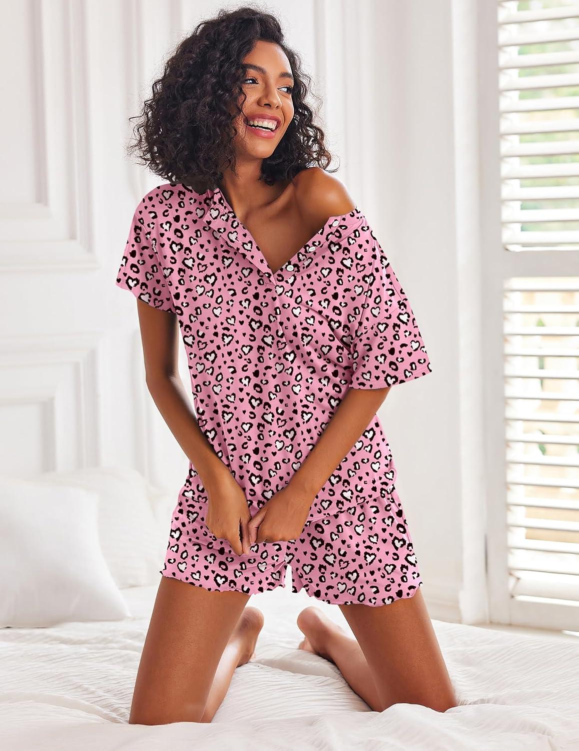 imageEkouaer Pajamas Set for Women Short Sleeve Lounge Set 2 Piece Loungewear PJs Soft Cute Lightweight SleepwearPink White Leopard