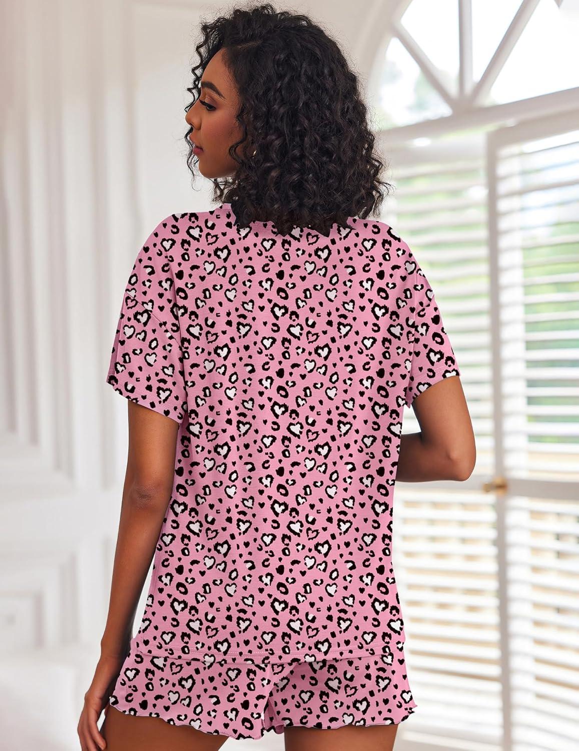 imageEkouaer Pajamas Set for Women Short Sleeve Lounge Set 2 Piece Loungewear PJs Soft Cute Lightweight SleepwearPink White Leopard