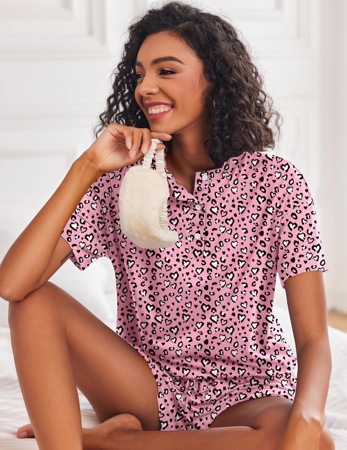 imageEkouaer Pajamas Set for Women Short Sleeve Lounge Set 2 Piece Loungewear PJs Soft Cute Lightweight SleepwearPink White Leopard