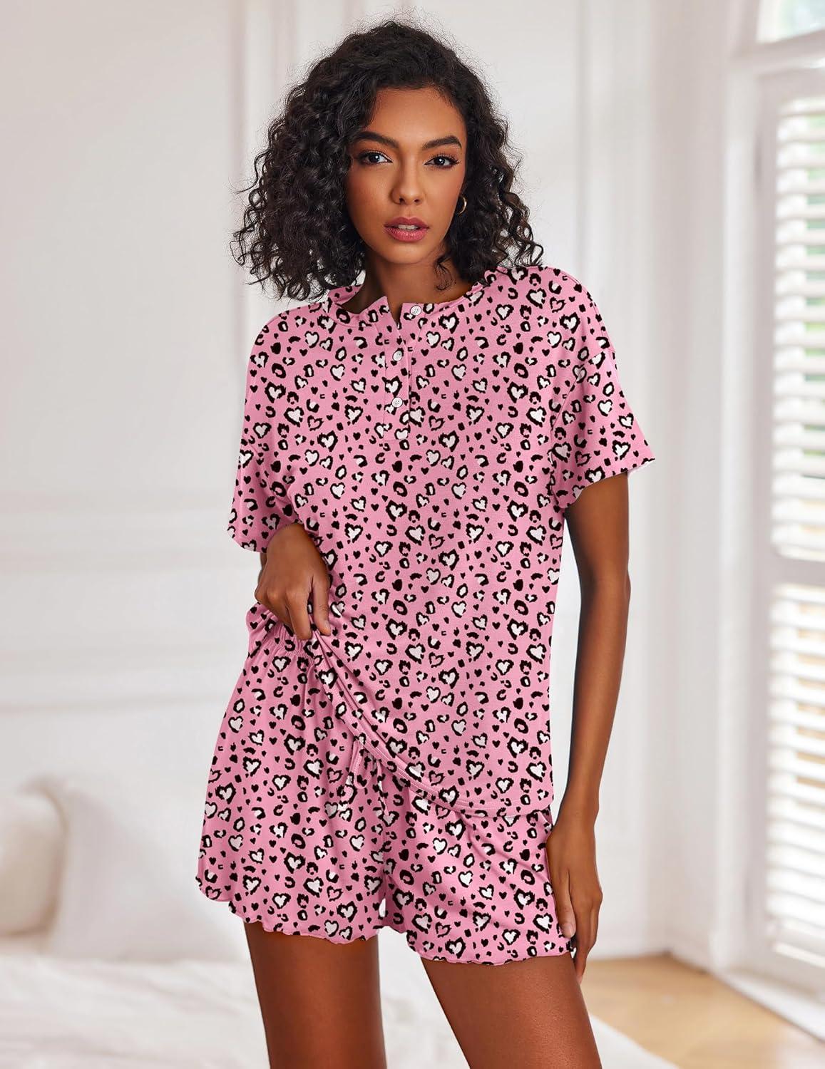 imageEkouaer Pajamas Set for Women Short Sleeve Lounge Set 2 Piece Loungewear PJs Soft Cute Lightweight SleepwearPink White Leopard