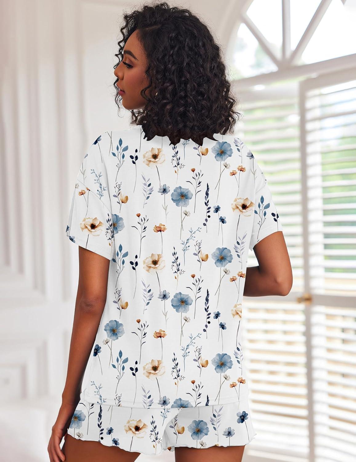 imageEkouaer Pajamas Set for Women Short Sleeve Lounge Set 2 Piece Loungewear PJs Soft Cute Lightweight SleepwearWhite Flower