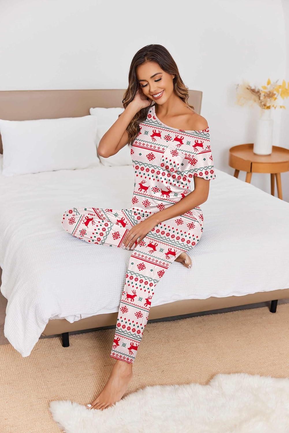 imageEkouaer Pajamas for Women Set 2 Piece Comfy Loungewear Lightweight Pjs Sleepwear Short Sleeve Top amp Long Pants with Pockets