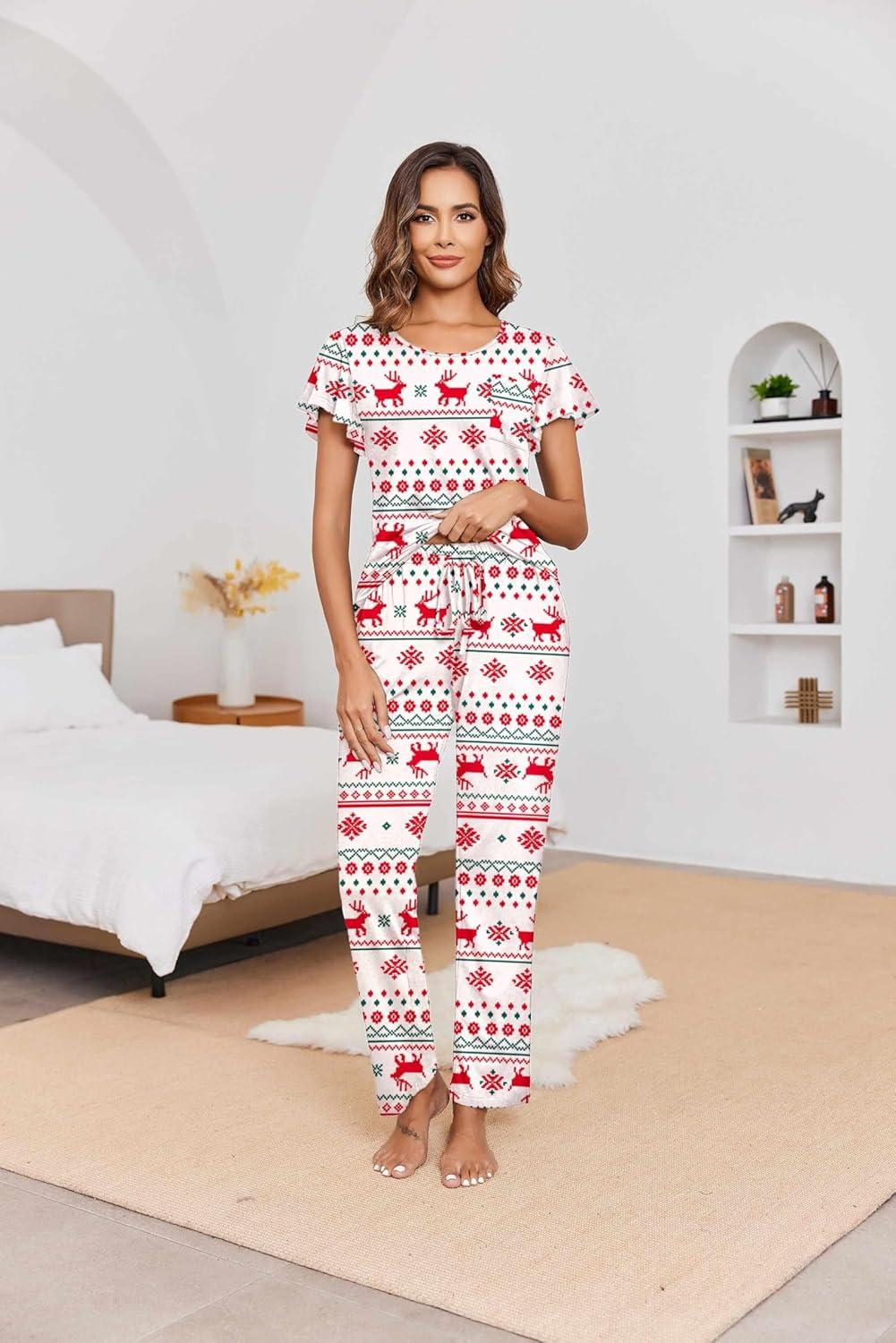 imageEkouaer Pajamas for Women Set 2 Piece Comfy Loungewear Lightweight Pjs Sleepwear Short Sleeve Top amp Long Pants with Pockets
