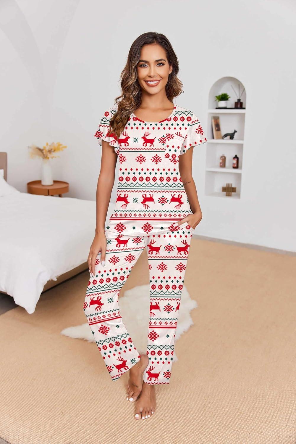 imageEkouaer Pajamas for Women Set 2 Piece Comfy Loungewear Lightweight Pjs Sleepwear Short Sleeve Top amp Long Pants with Pockets