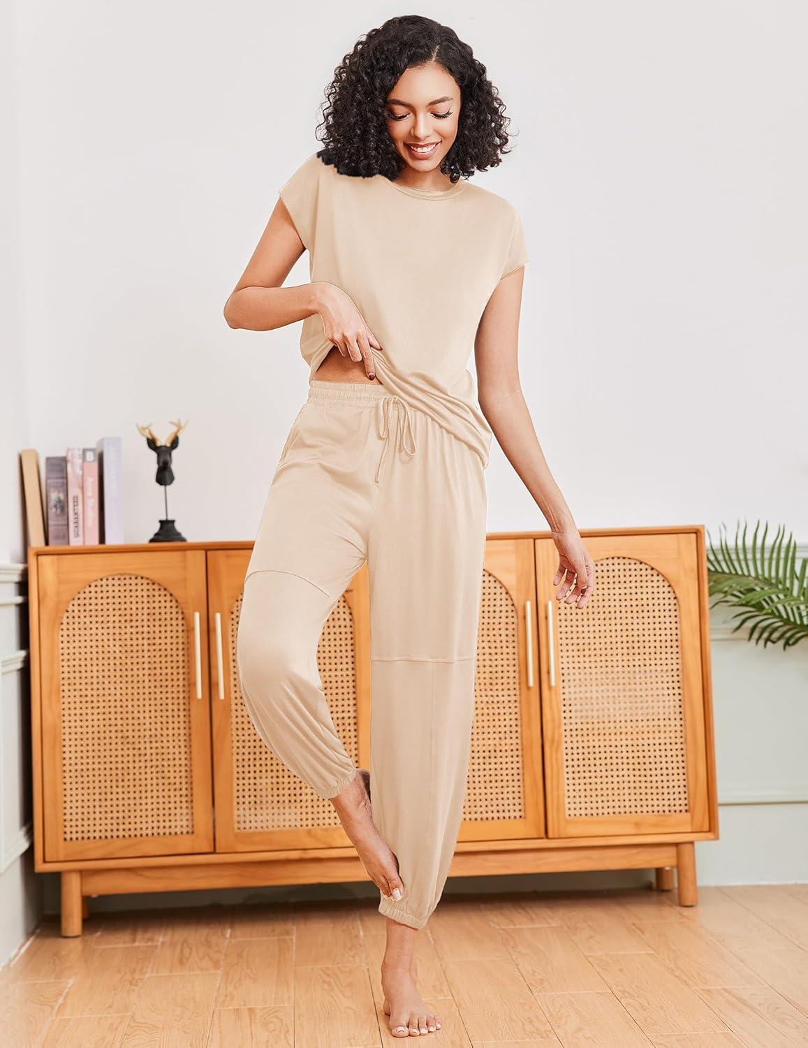 imageEkouaer Pajamas for women 2 Piece Lounge Set Cap Sleeve Sleepwear Joggers Pants Pjs with Pockets SXXLBeige