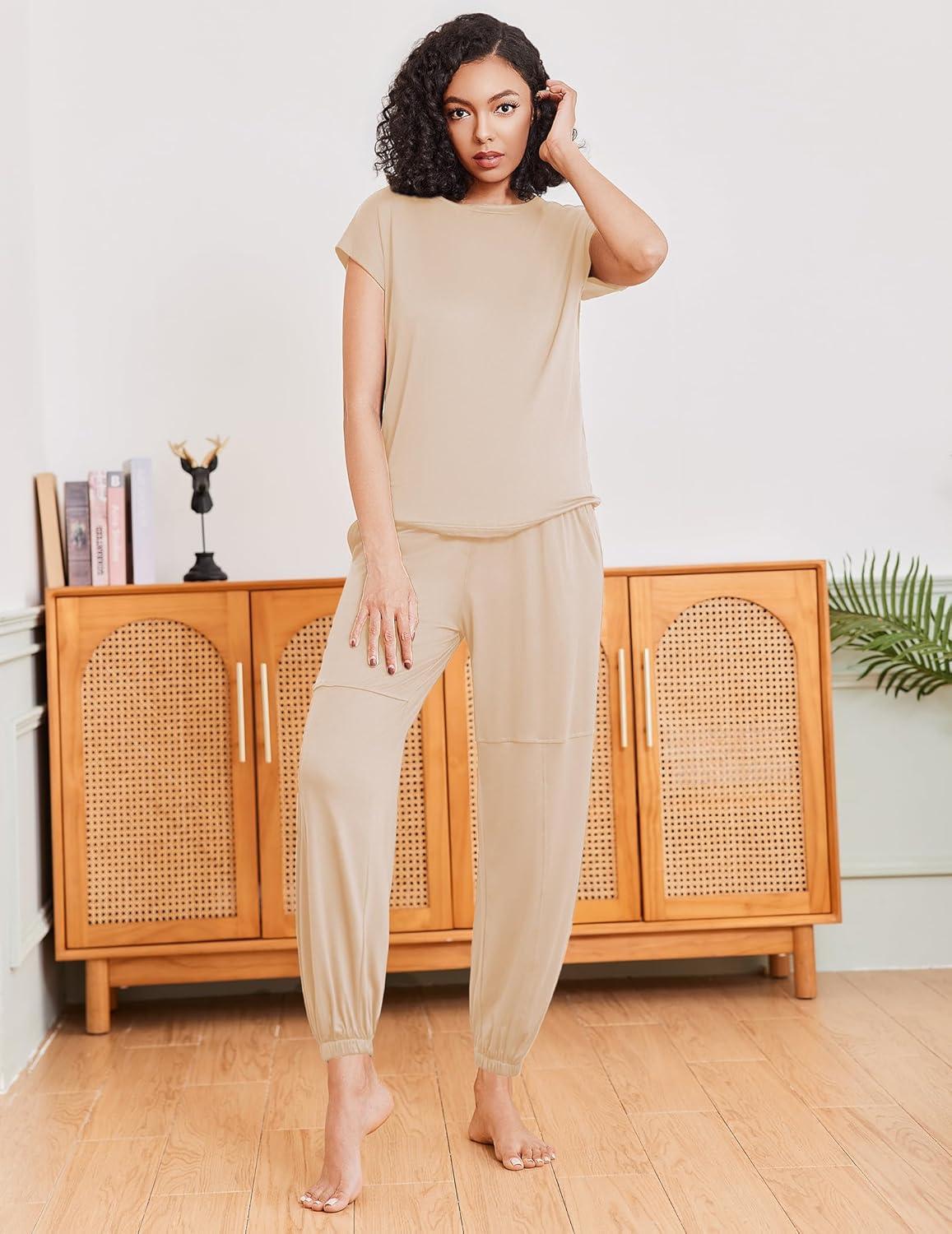 imageEkouaer Pajamas for women 2 Piece Lounge Set Cap Sleeve Sleepwear Joggers Pants Pjs with Pockets SXXLBeige