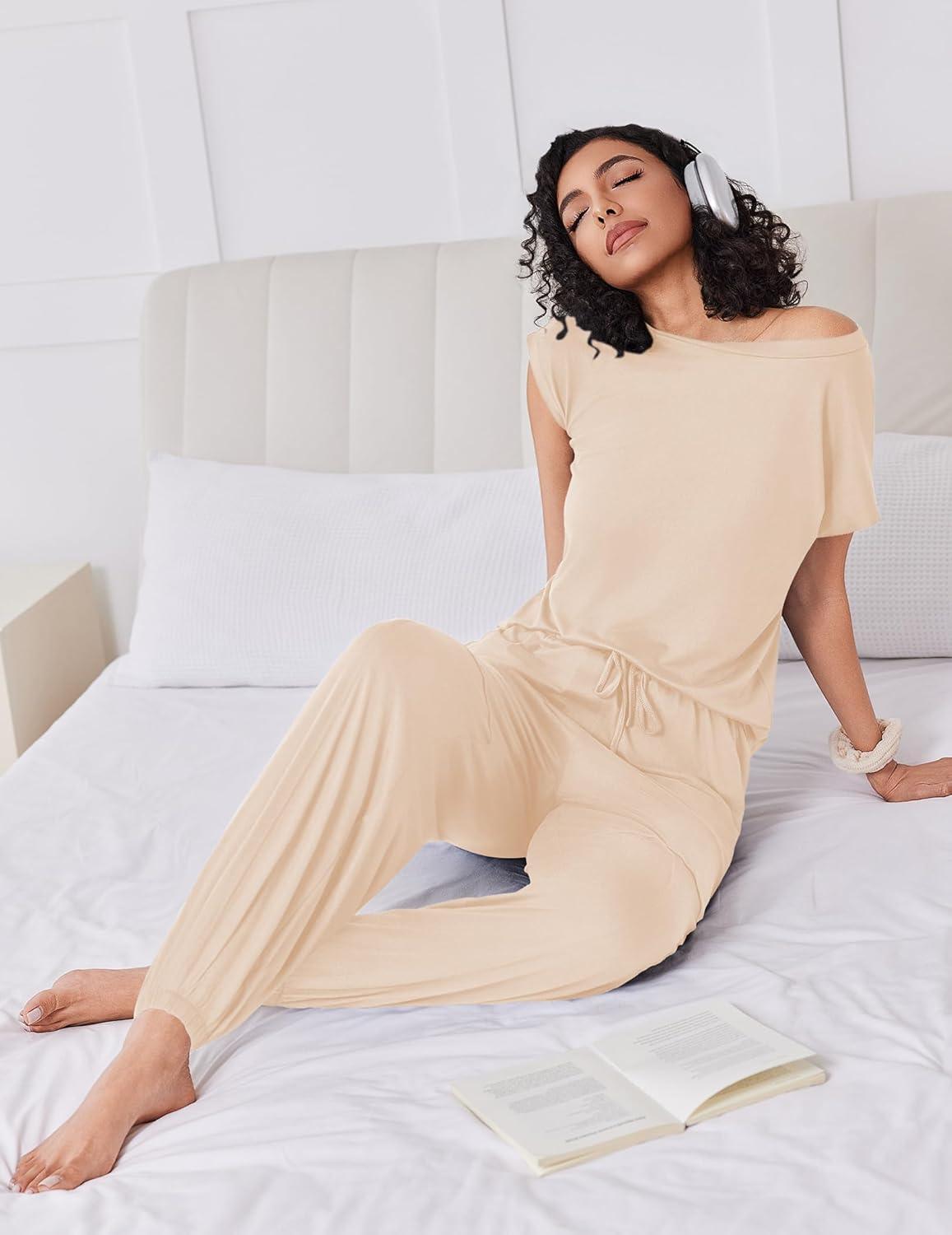 imageEkouaer Pajamas for women 2 Piece Lounge Set Cap Sleeve Sleepwear Joggers Pants Pjs with Pockets SXXLBeige