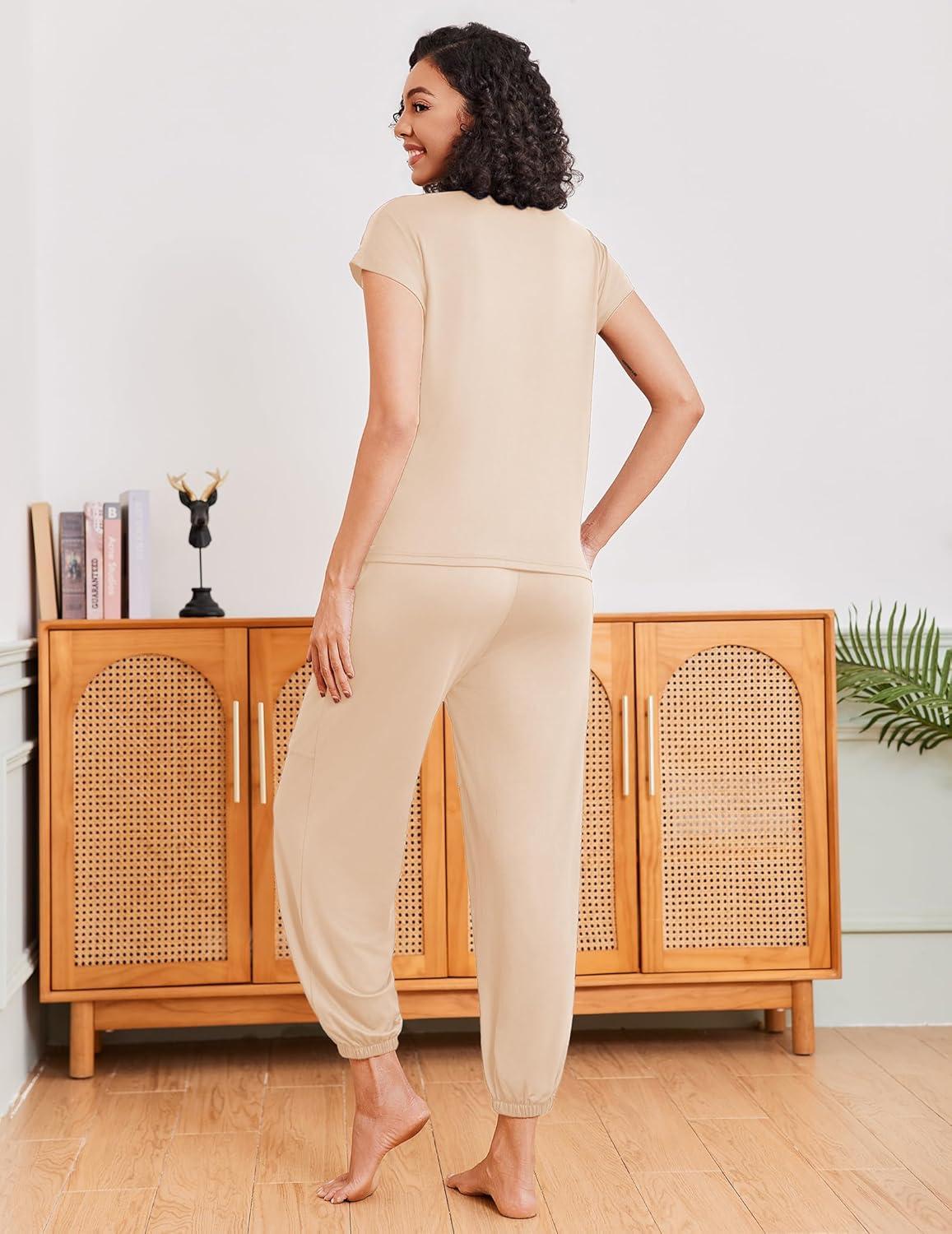 imageEkouaer Pajamas for women 2 Piece Lounge Set Cap Sleeve Sleepwear Joggers Pants Pjs with Pockets SXXLBeige